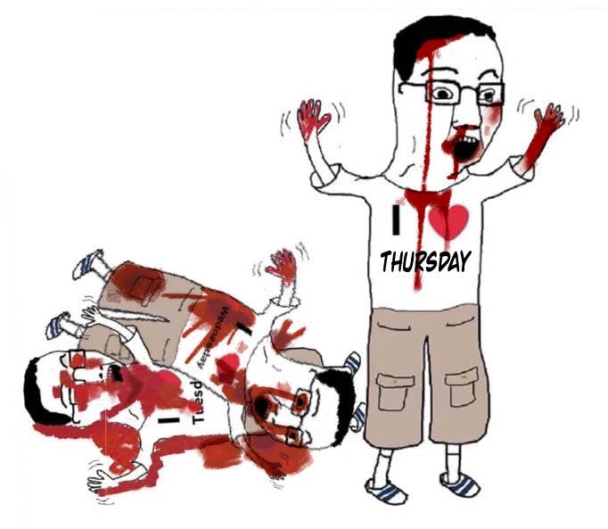 Weekjaks meme with a Thursdayjak covered in blood next to the bodies of two other Weekjaks.