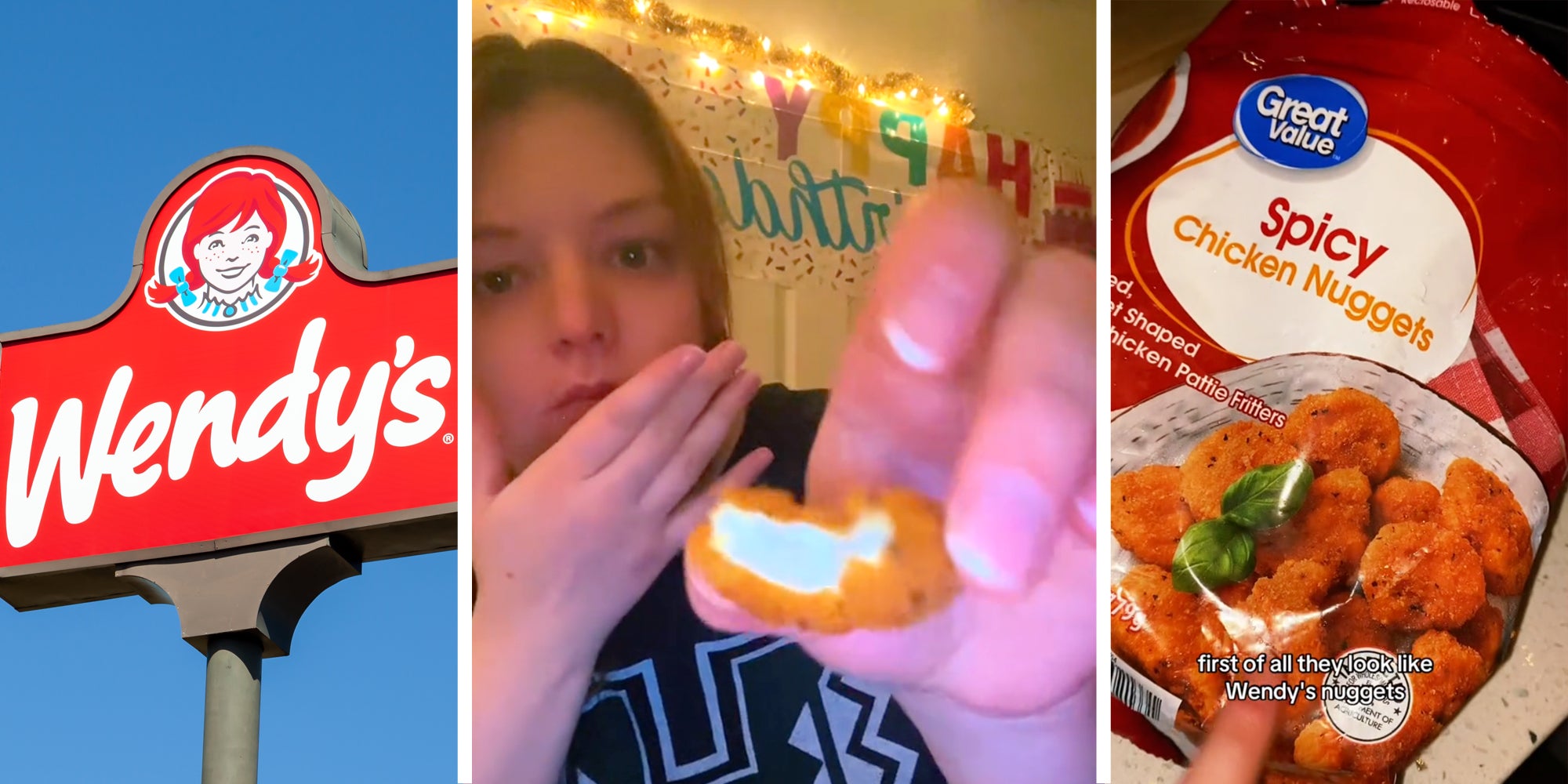 Wendy's sign(L), Woman holding chicken nugget(c), Bag of great value spicy chicken nuggets(r)