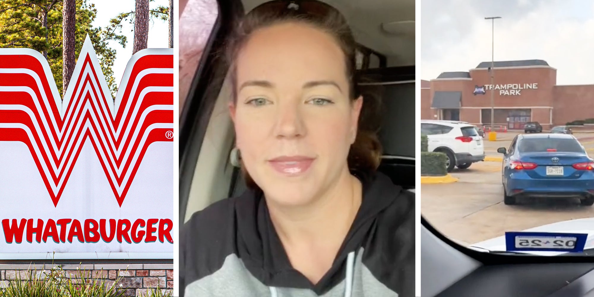 Whatburger sign(l), Woman talking(c), Cars queued up(r)