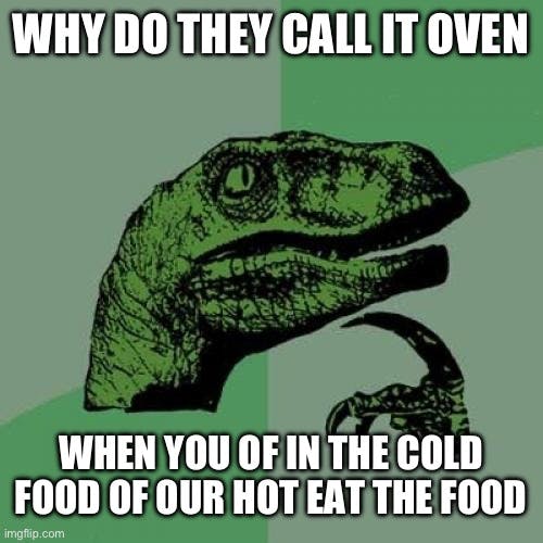 philosoraptor 'why do they call it oven when you of in the cold food of our hot eat the food'