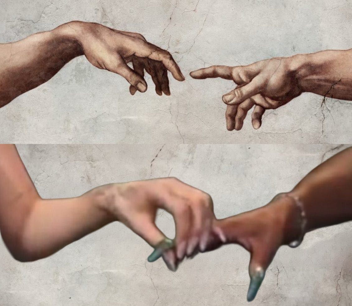 Wicked Interview Crying meme with the painting 'The Creation of Adam' altered to show the hands of Cynthia Erivo and Ariana Grande.