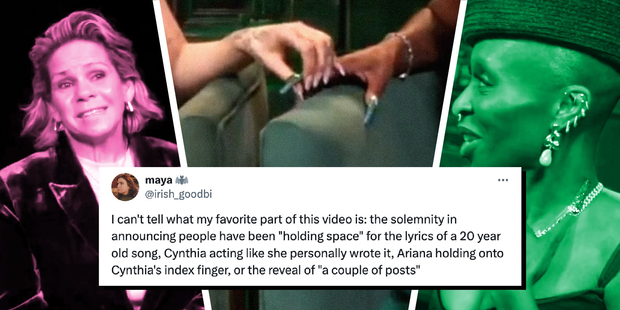 3 panel image of scenes from an Out Magazine interview with the stars of the new movie musical Wicked. Overlaid is a tweet from @Irish_goodbi which reads, " I can't tell what my favorite part of this video is..."