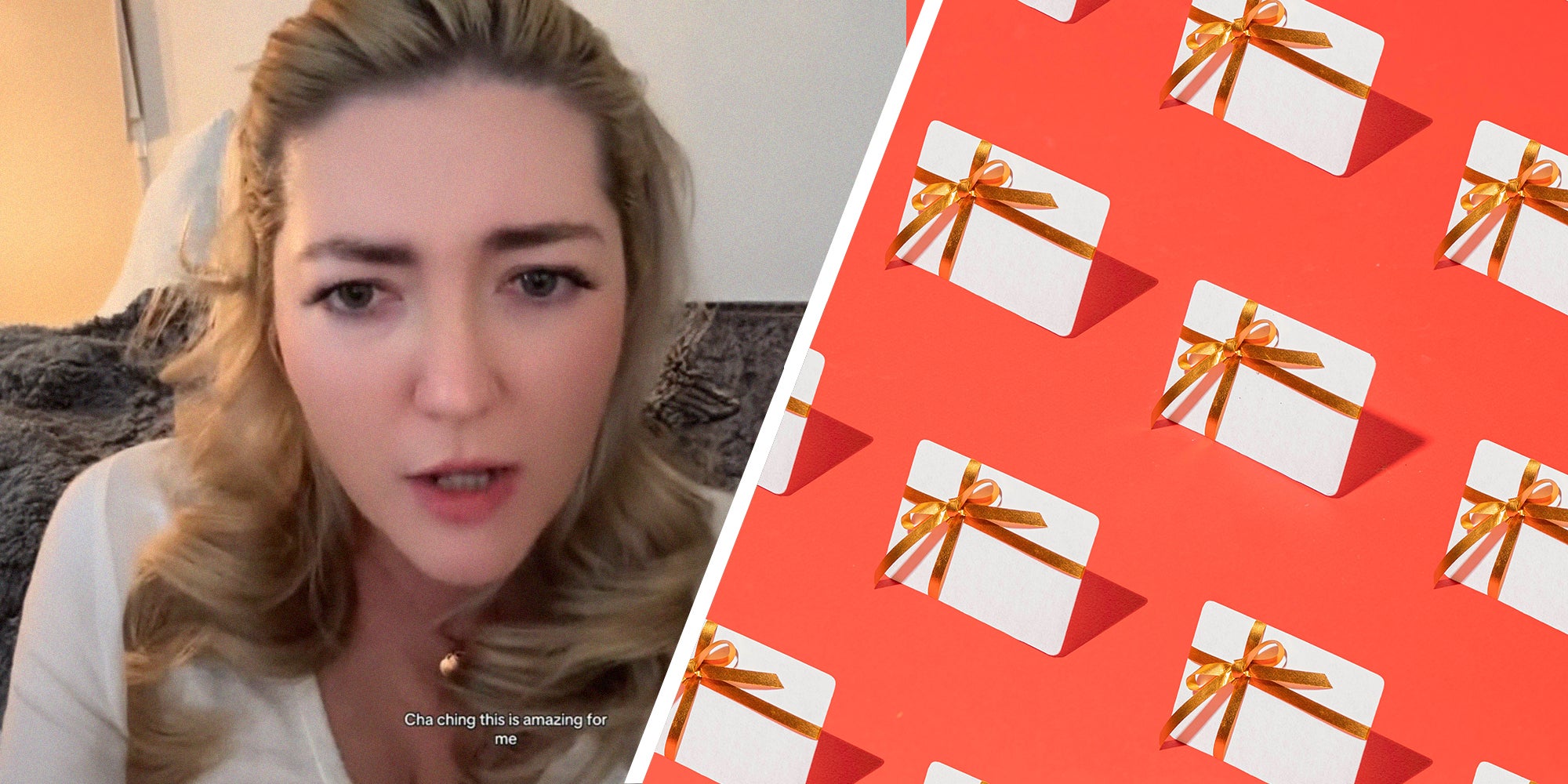 woman shares what she learned from Gift Cards(l) Gift Card Pattern with Peach Color Background(r)