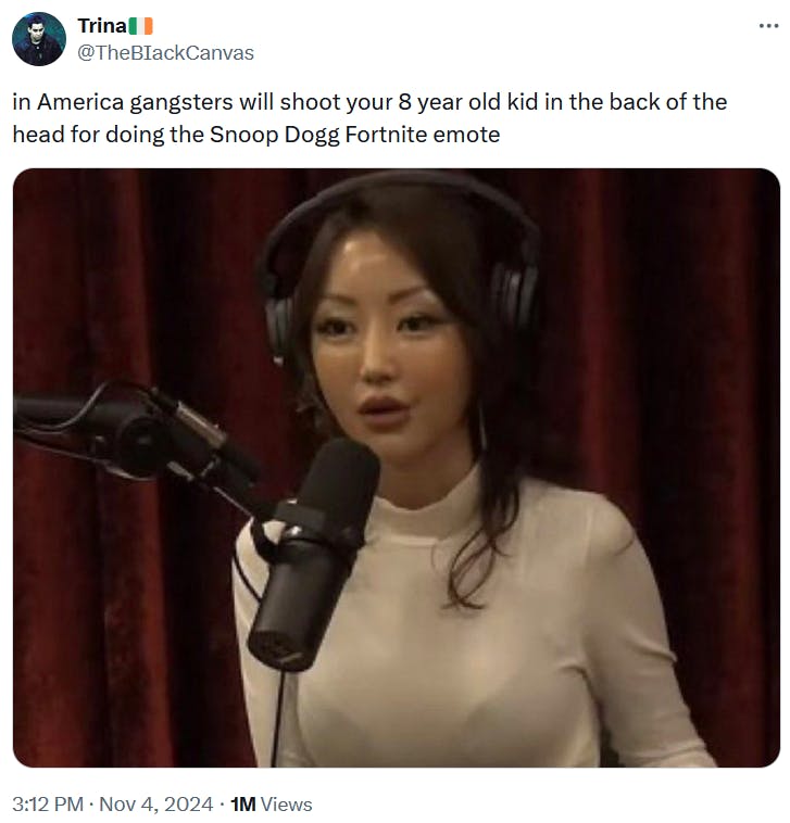 Yeonmi Park meme about violence over Fortnite emotes.