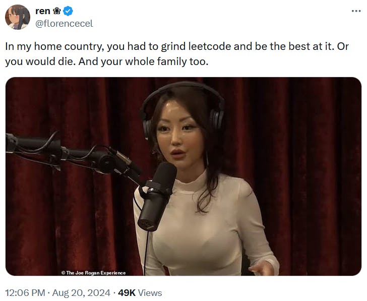 Yeonmi Park meme about grinding leetcode.