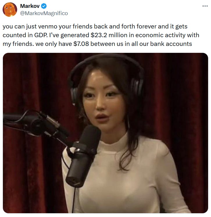 Tweet with an image of a woman on a podcast about artificially inflating the U.S. GDP with Venmo.