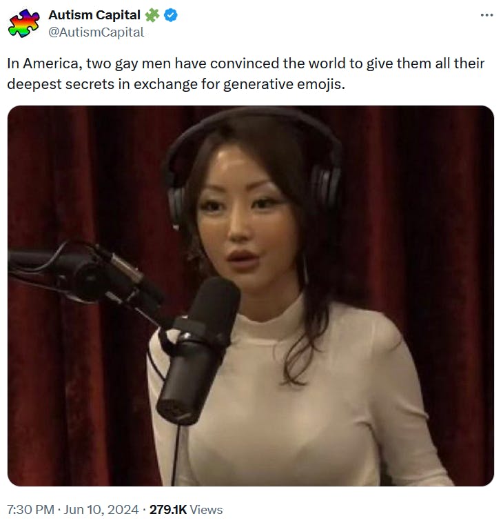 Tweet with an image of a woman on a podcast reading 'In America, two gay men have convinced the world to give them all their deepest secrets in exchange for generative emojis.'