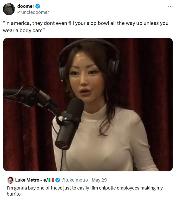 Yeonmi Park meme about wearing a body camera to Chipotle.