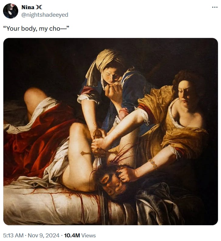 Tweet with a painting of two women cutting off a man's head with a sword.