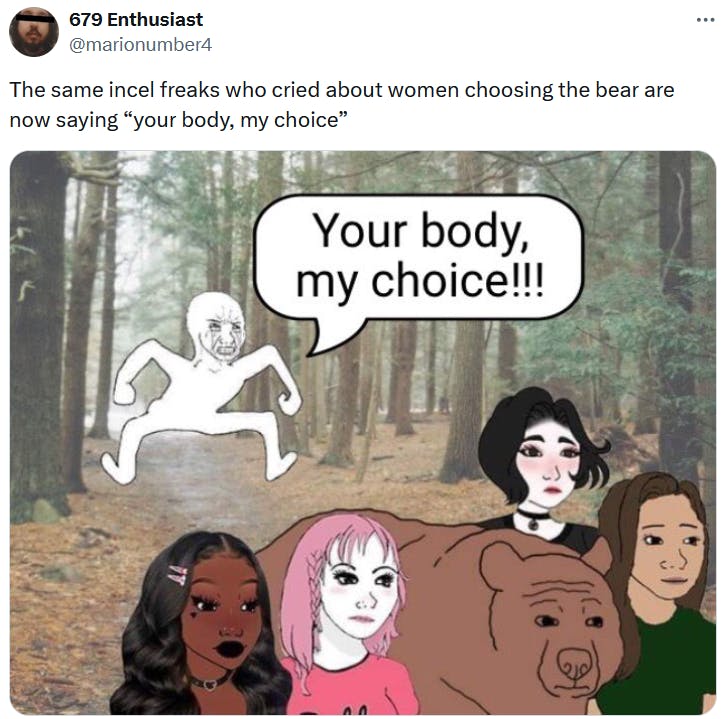 'Your body, my choice' meme showing female Wojaks walking away with a bear from a Crying Wojak.