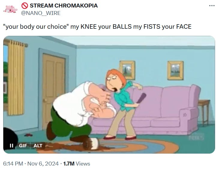 'Your body, my choice' meme with a gif of Lois Griffin beating Peter.