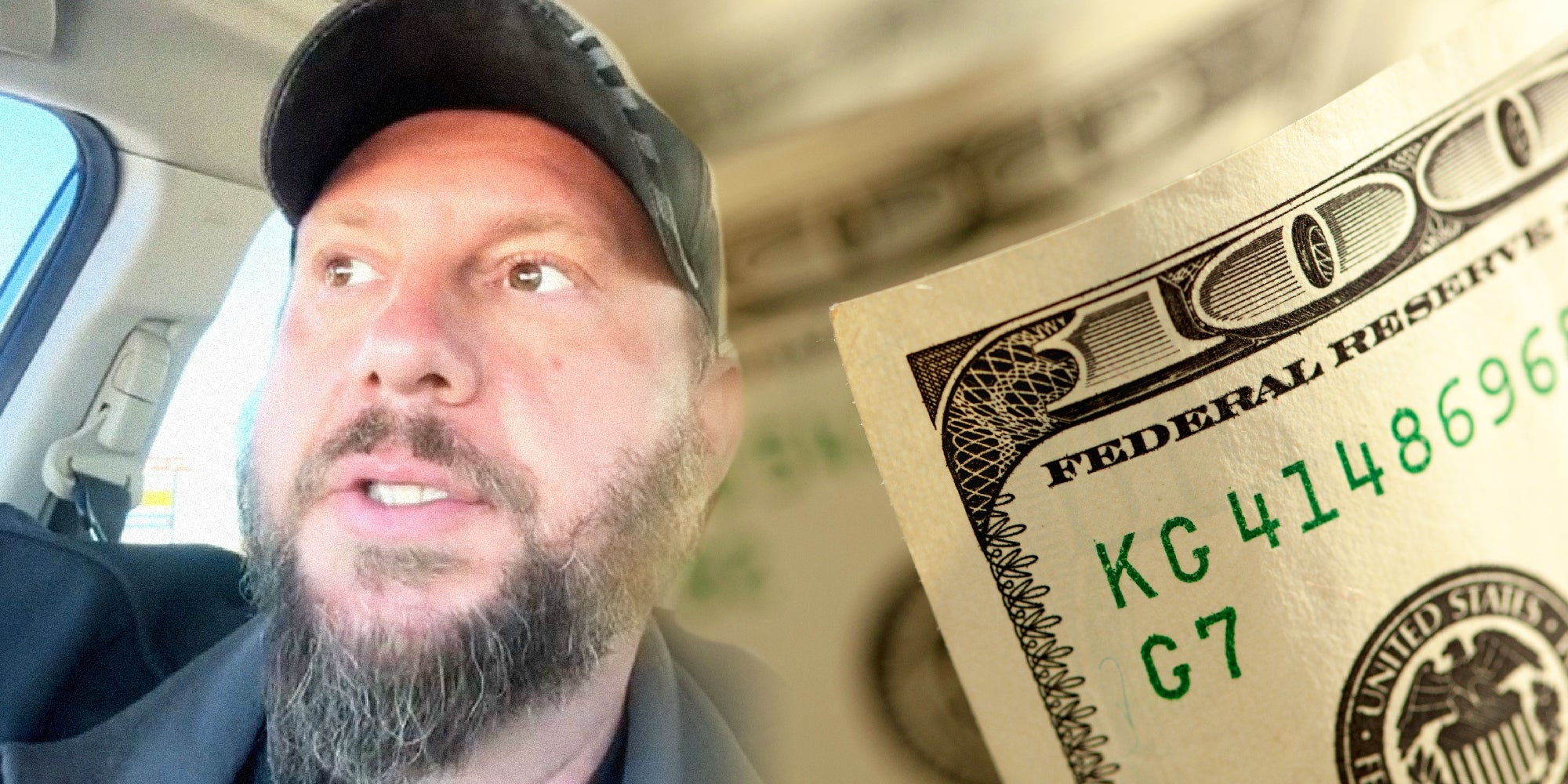 a photo collage of a person talking and a closeup photo of one hundred dollar billls