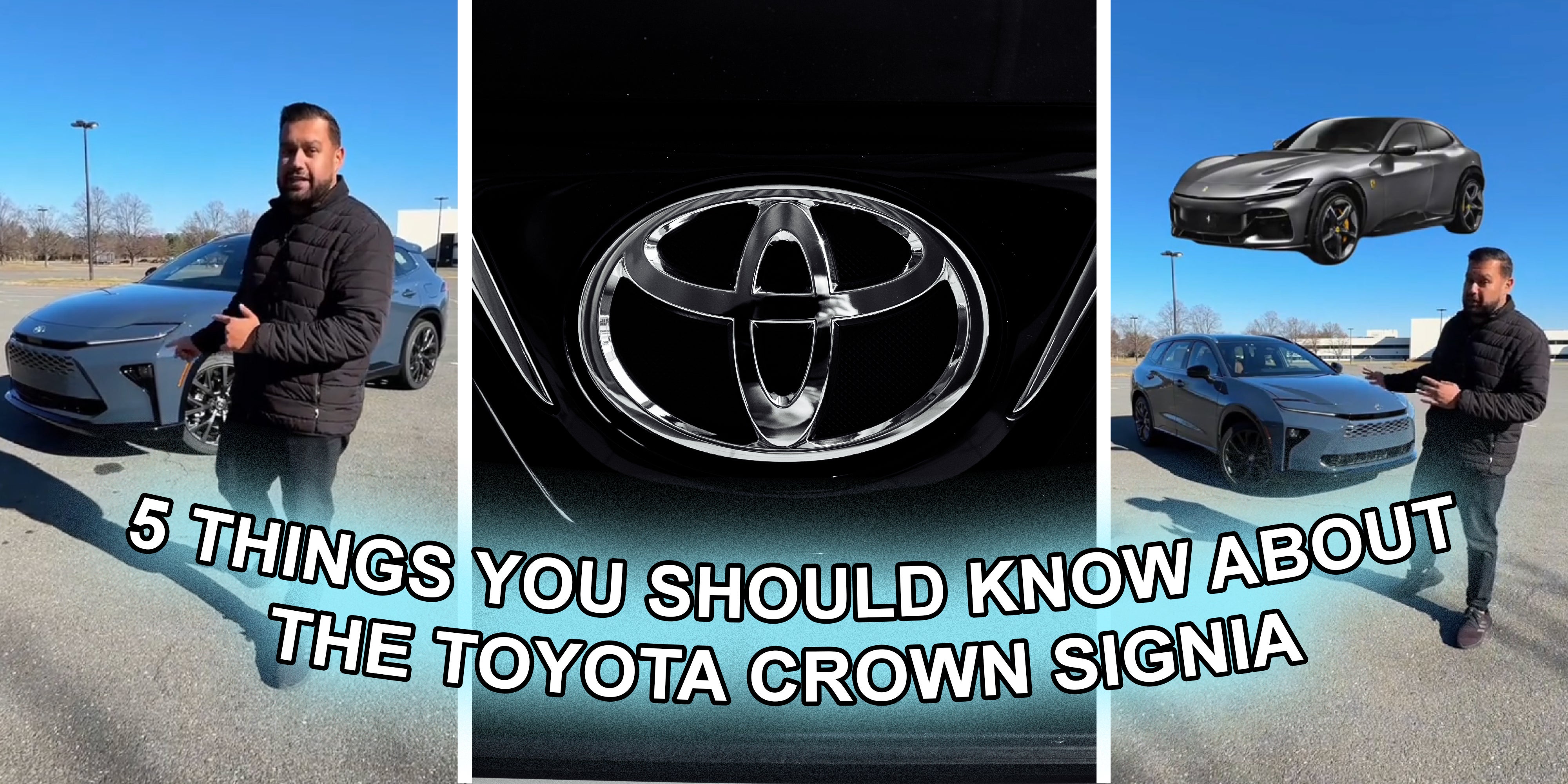 3 panel image: On the sides a person explains, in the middle is the Toyota logo. Text over says, '5 things you should know about the Toyota Crown Signia'.