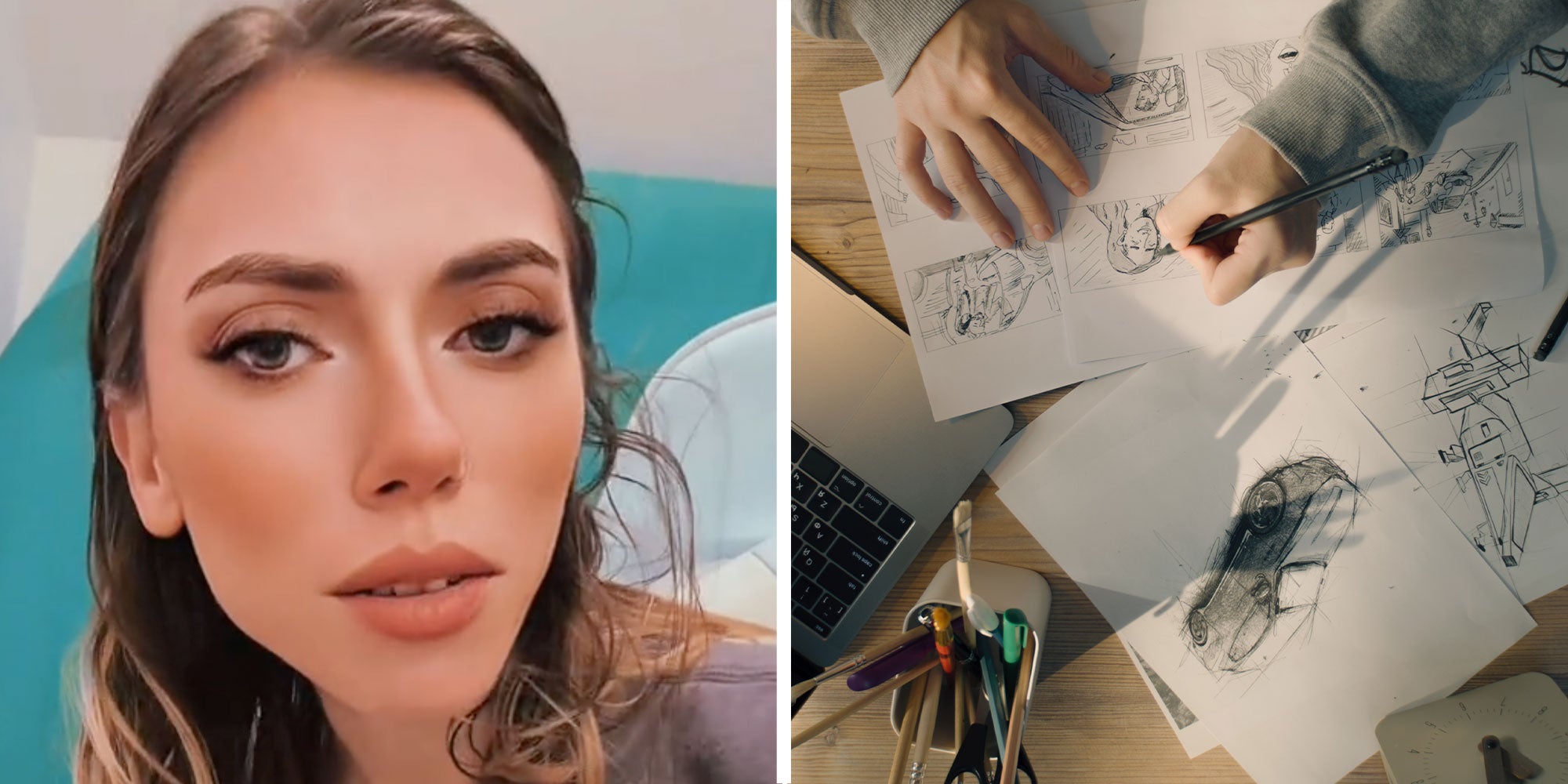 Two panel design with a woman looking at the camera in one, next to an image of someone making a ton of hand drawings