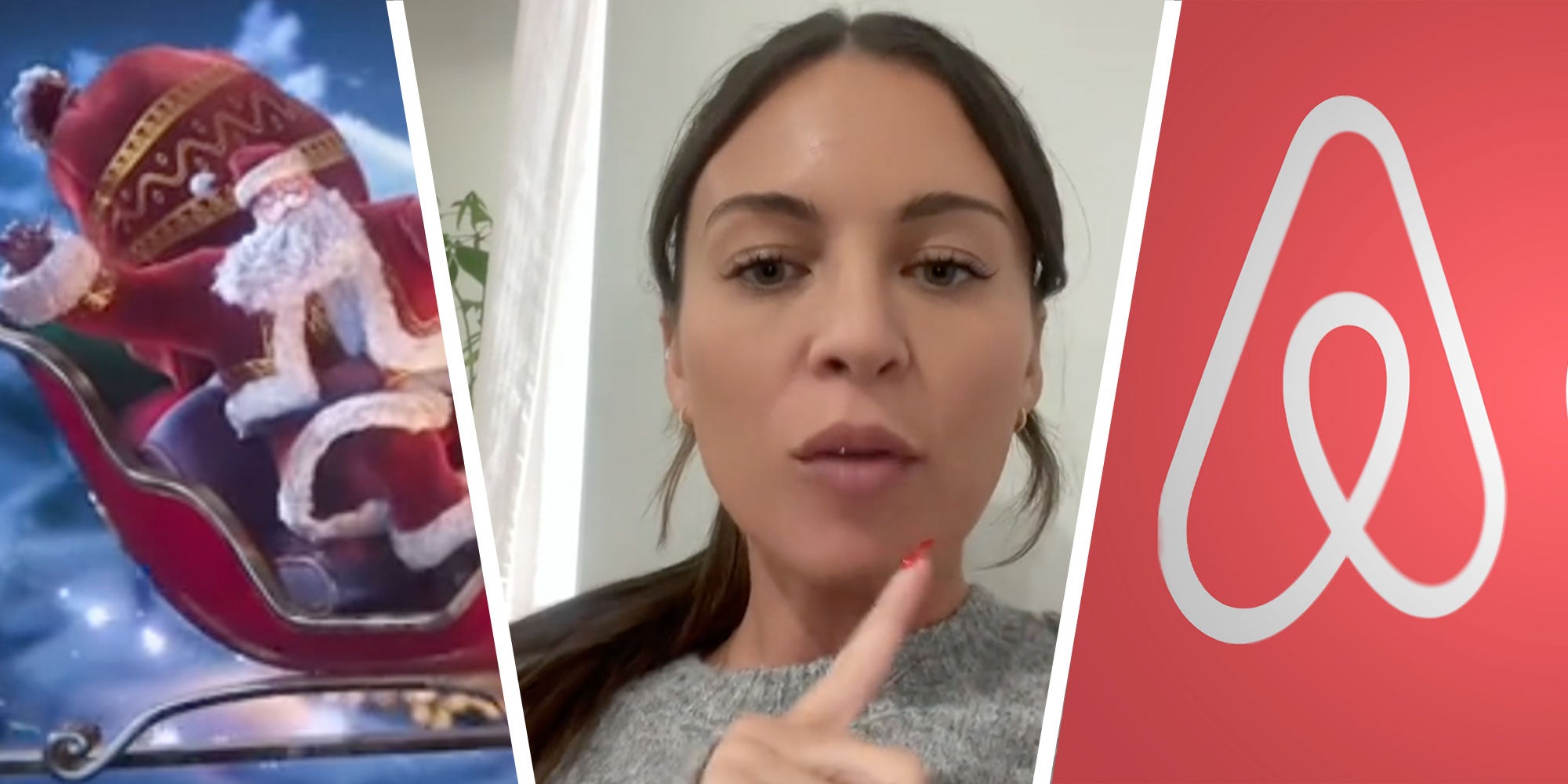 Three panel design with first panel showing a capture from an Airbnb commercial depicting santa, next to an image of a woman pointing and looking at the camera, next to an image of the Airbnb logo