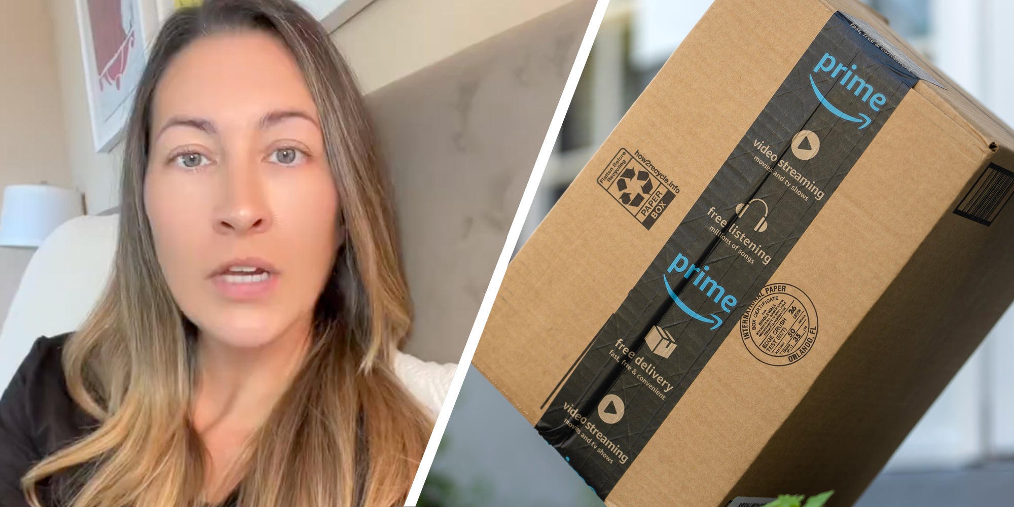 Woman talking(l), Amazon prime package(r)