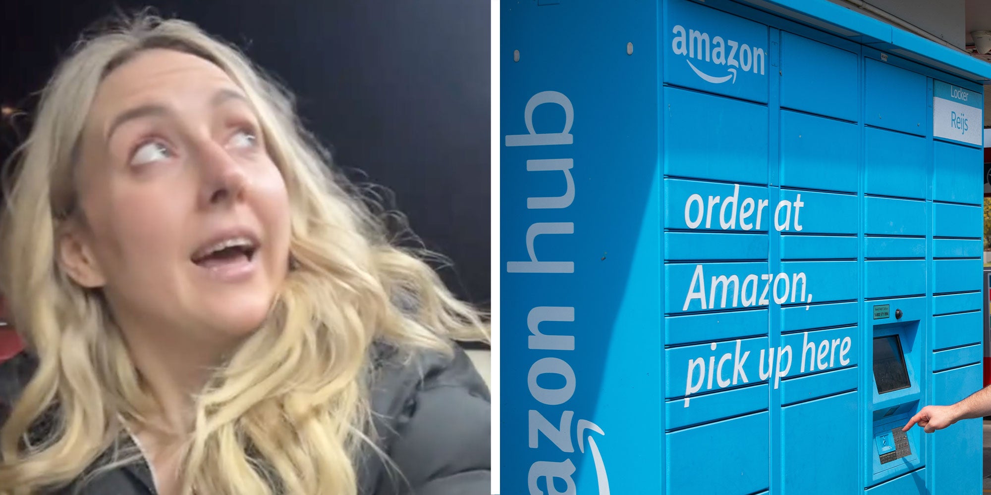 Two panel design with a woman looking up, next to an image of a Amazon delivery box
