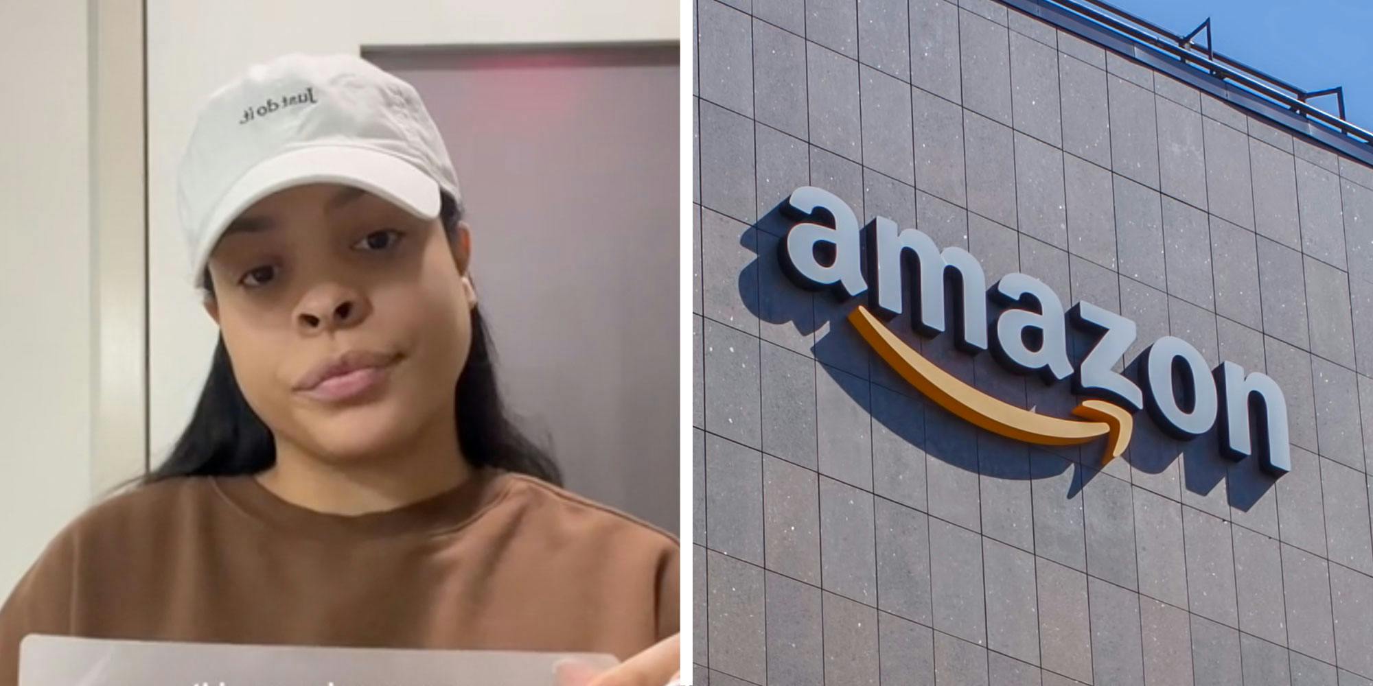 two panel design with a woman looking unimpressed in the first shot, next to an image of an Amazon warehouse