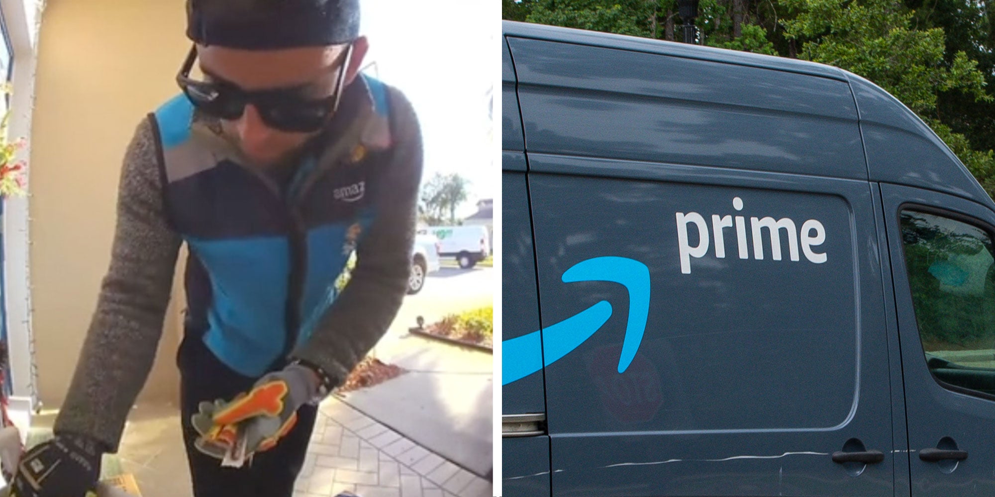 Two panel design with a man grabbing snacks during his amazon delivery job next to an image of a Prime Delivery truck