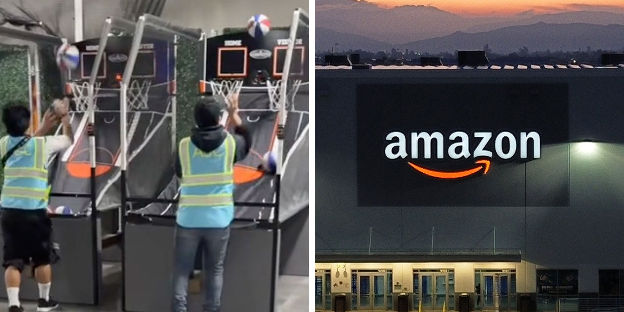 Two panel design with two hard working amazing workers playing a game of basketball arcade during a holiday party, next to an image of an Amazon Fulfillment center