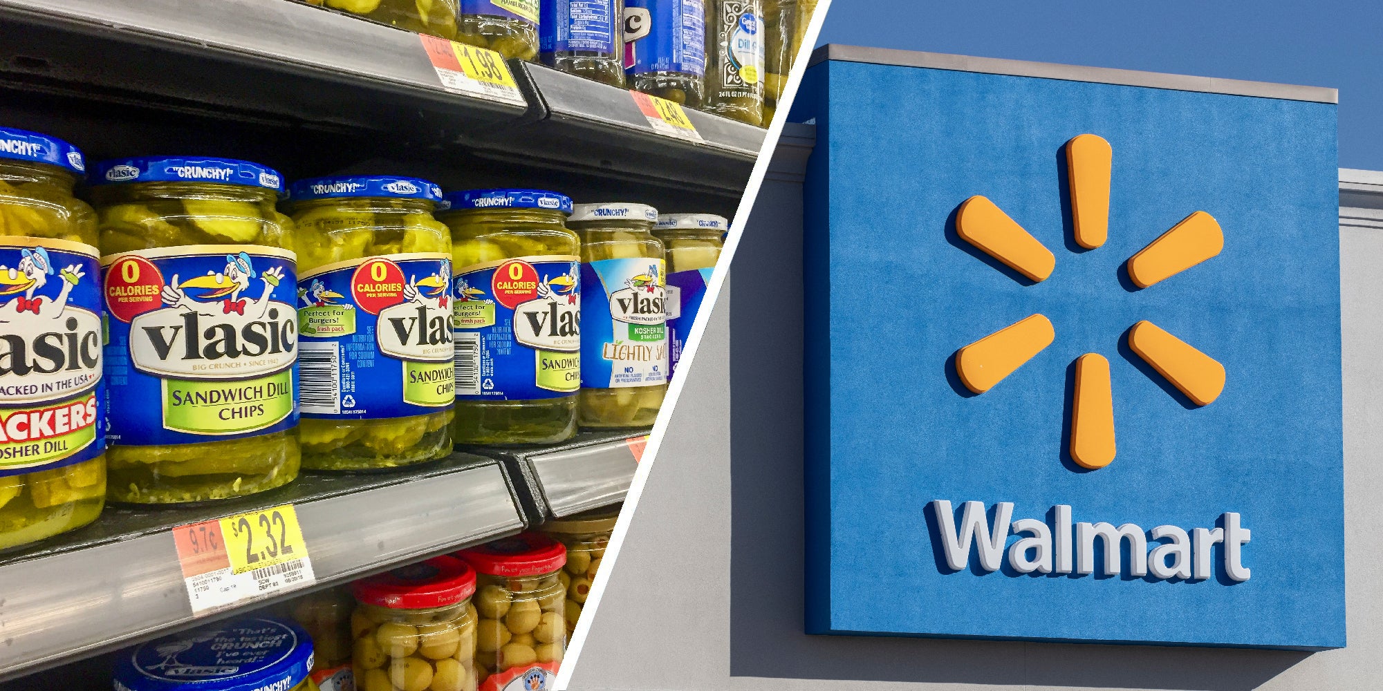 2 panel-image, on one side is a row of vlasic pickle jars. On the right is the Walmart sign outside a store.