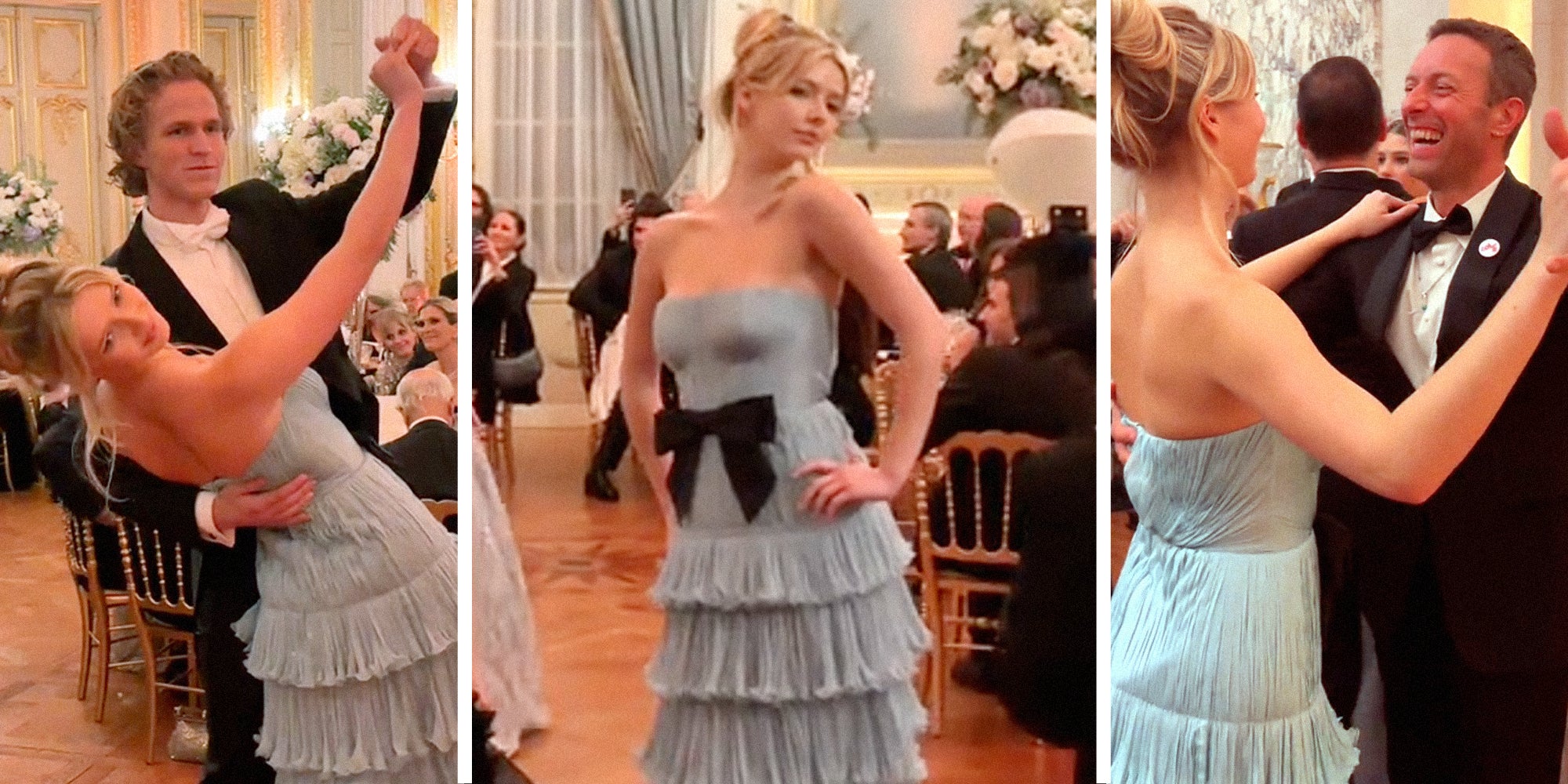 Apple Martin dancing with boy(l), Apple Martin posing(c), Apple Martin dancing with dad, Chris Martin(r)