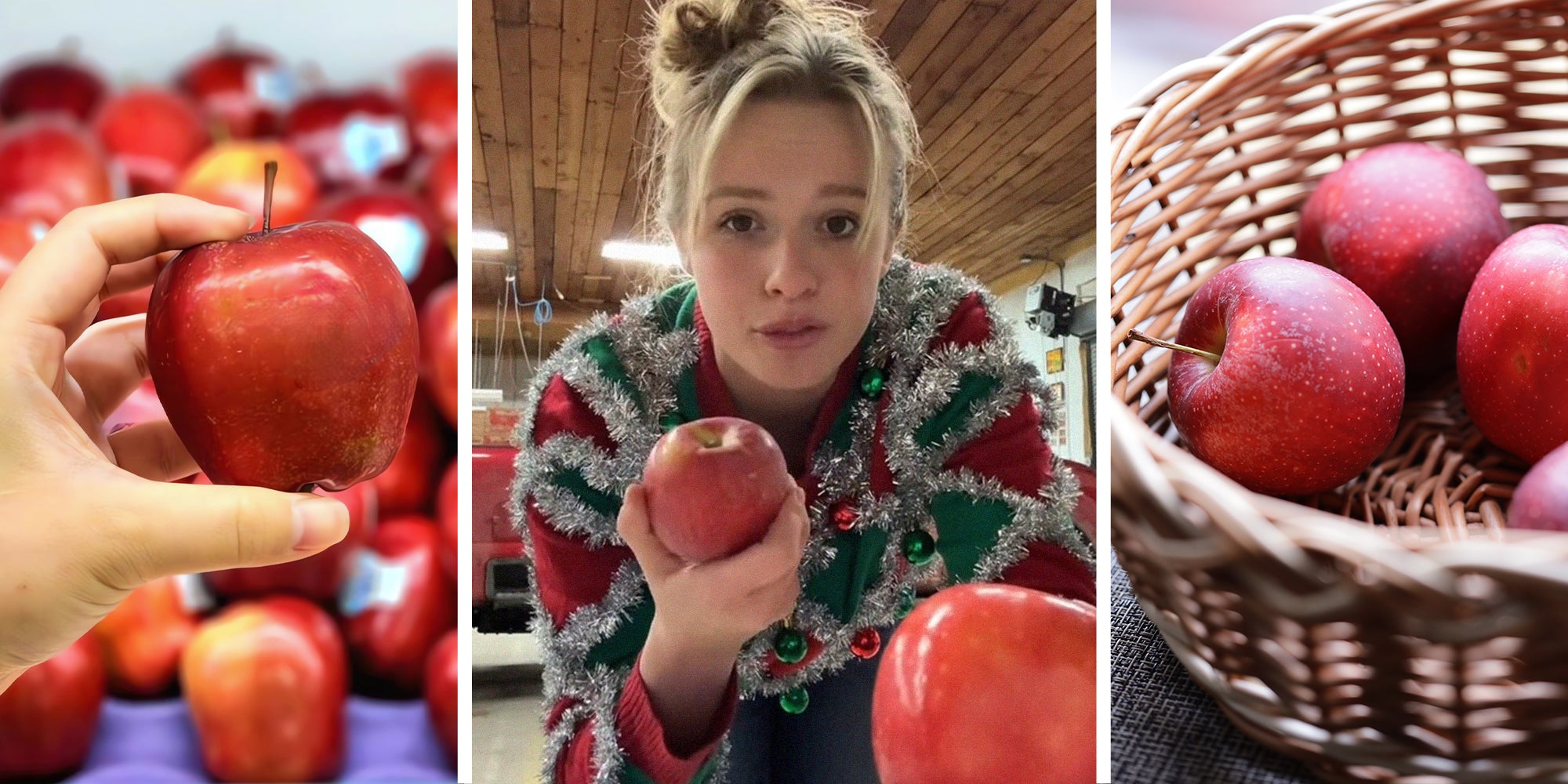 Person Holding Apple(l) Woman comparing apples(c) Basket of Apples(r)