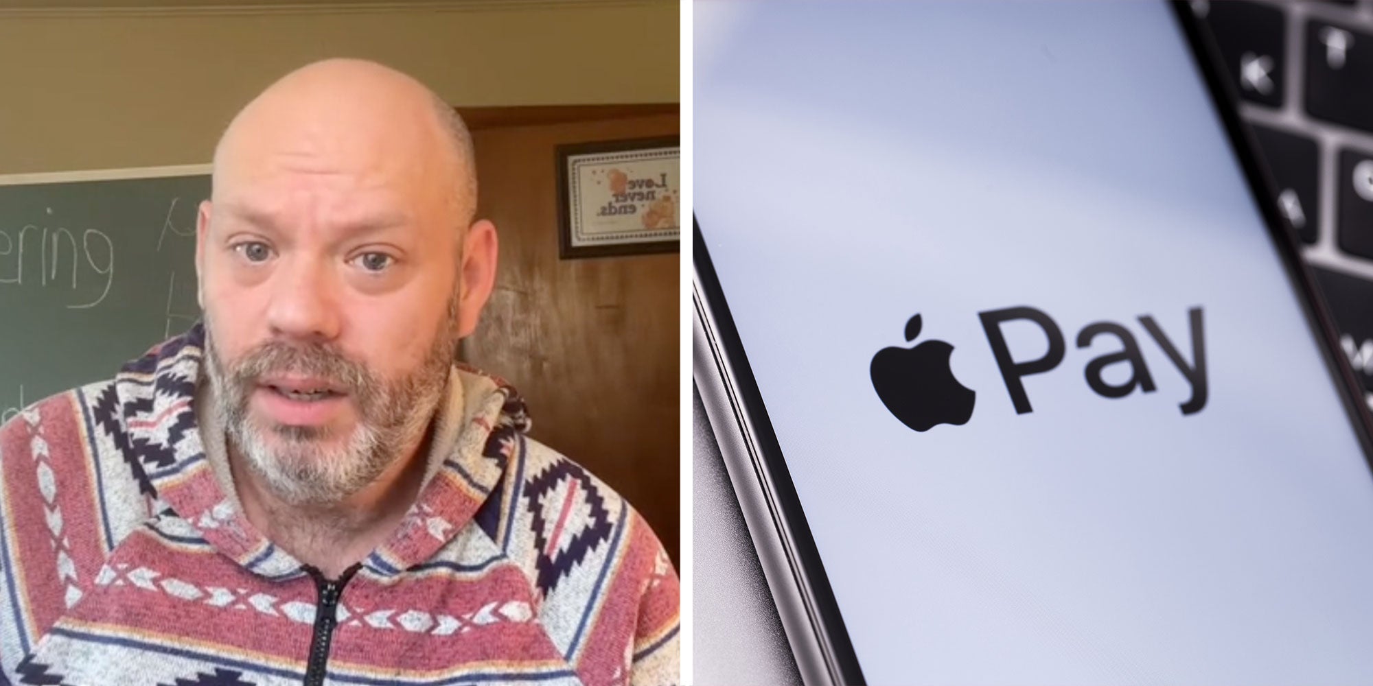 Two panel design with a man talking in a classroom with a concerned look on his face, next to an image of an image iphone with the Apple Pay logo on it