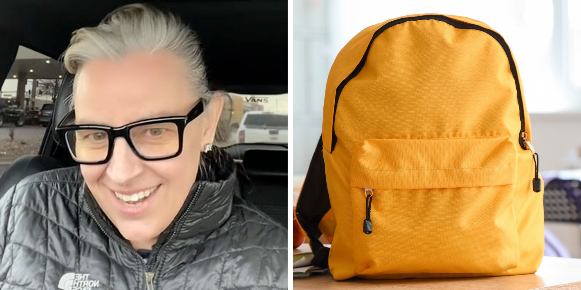 Two panel design with a woman talking at the camera in her car, next to an image of a backpack