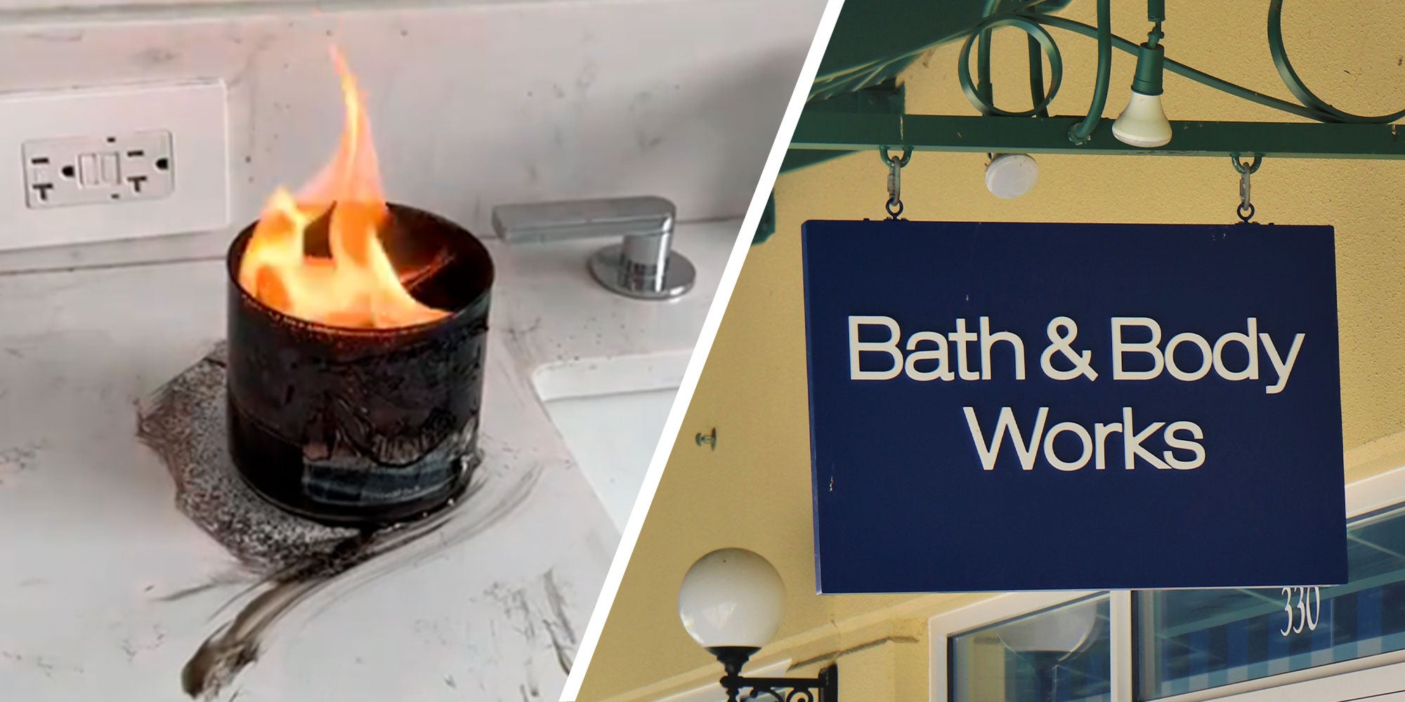Two panel design with an image of a candle that has caught fire, next to an image of a Bath & Body works sign