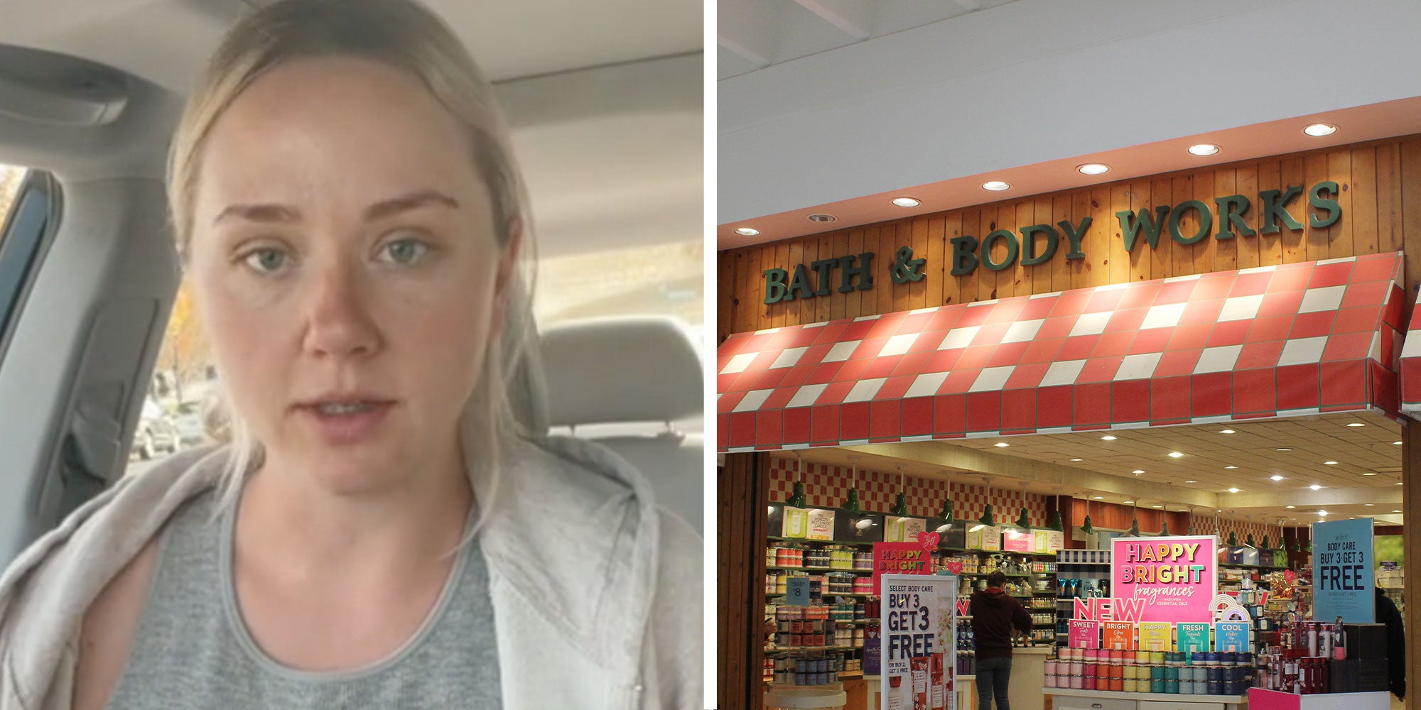 Two panel design with a woman talking from inside her car as she looks at the camera, next to an image of a Bath and Body Works store