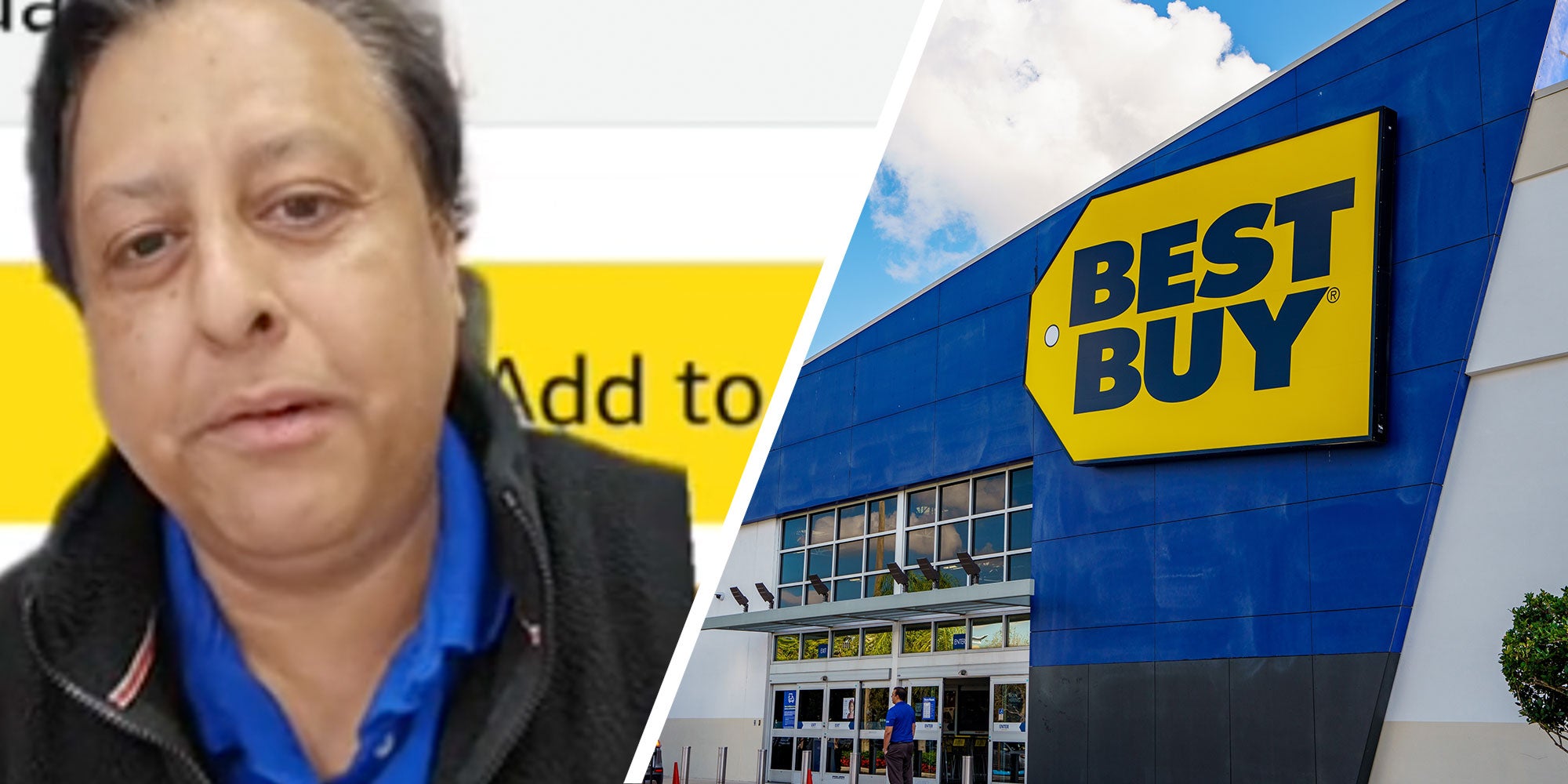 Two panel design with a man cutout and taking over a website page, next to an image of a Best Buy