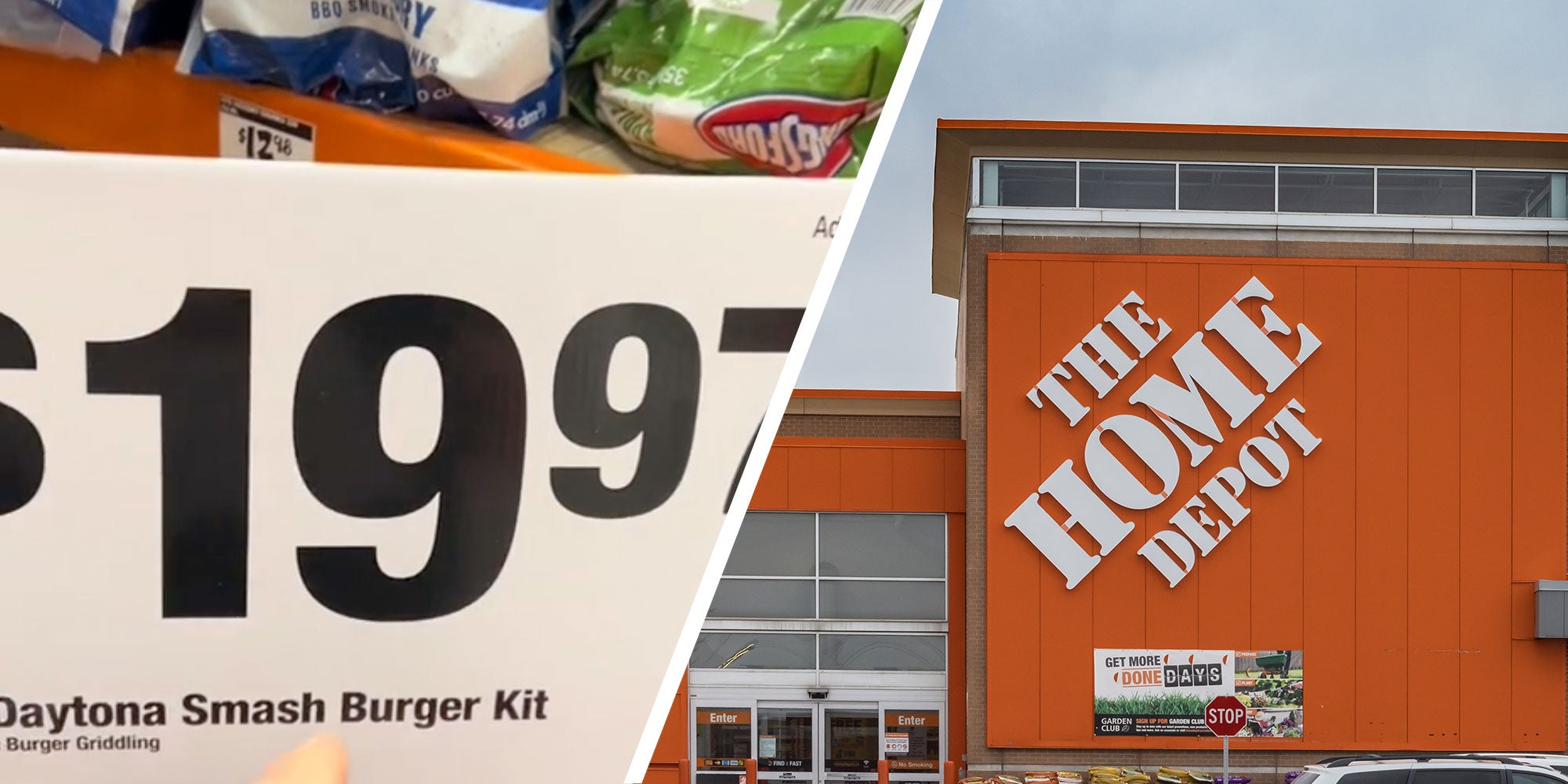 Two panel design with a close up of a sign reading '$19.97', next to an image of a Home Depot sign