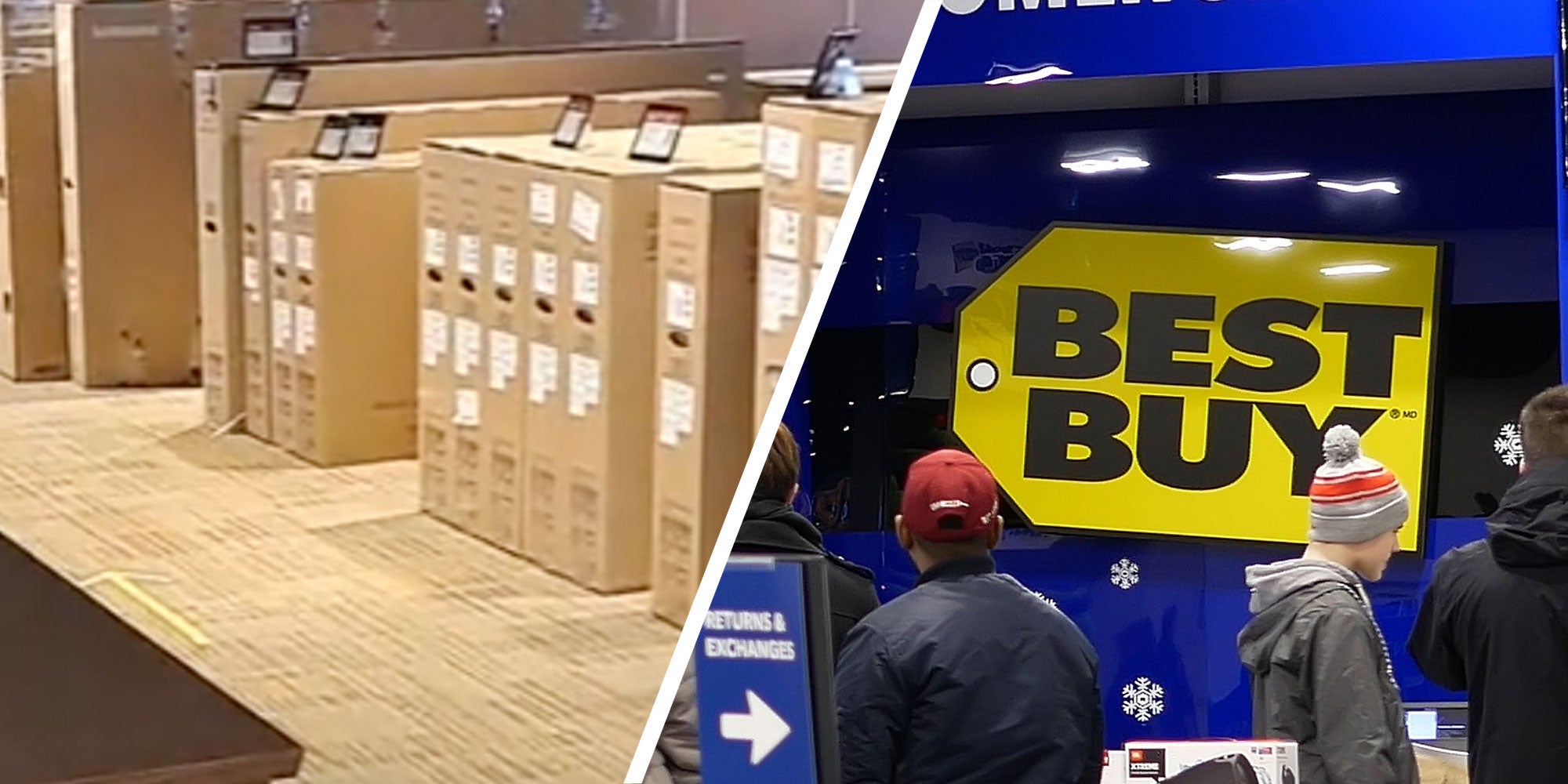 Two panel design with an image of a bunch of TV boxes lined up, next to a image of a Best Buy logo from inside of the store