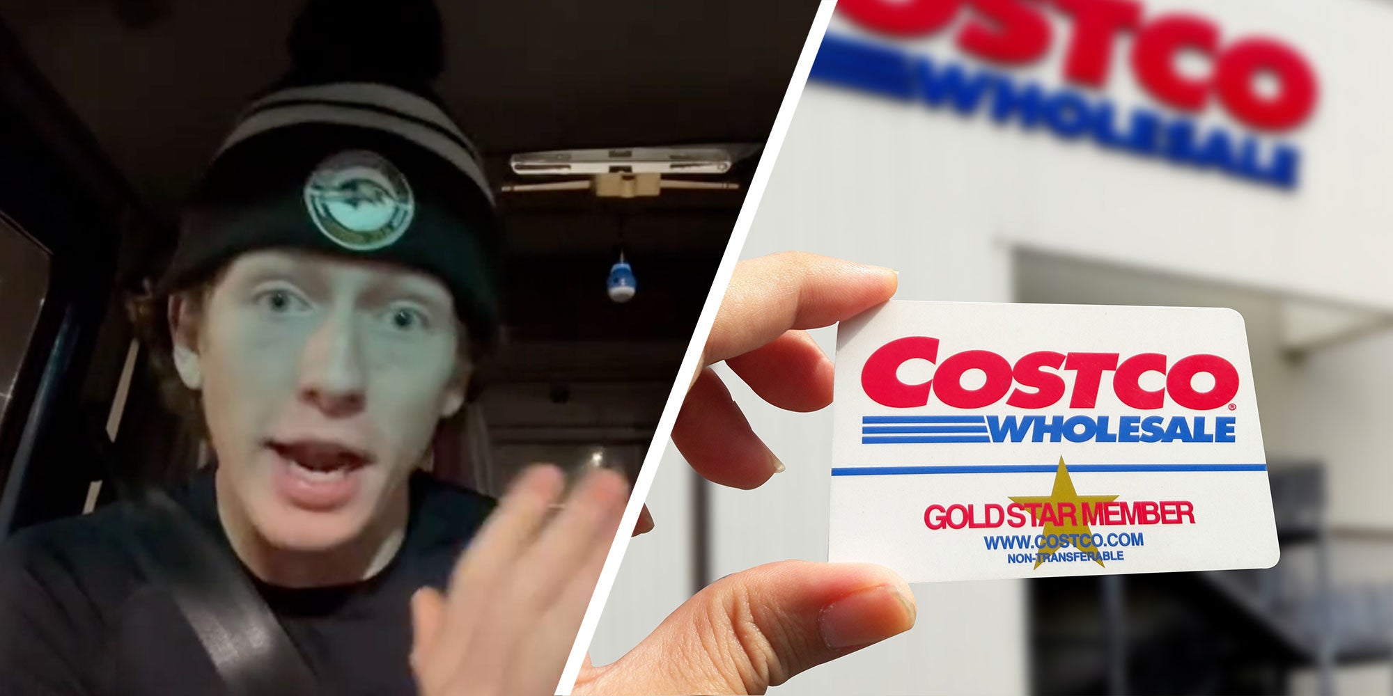 Two panel design with a man looking upset and at the camera, next to an image of a Costco Wholesale club card