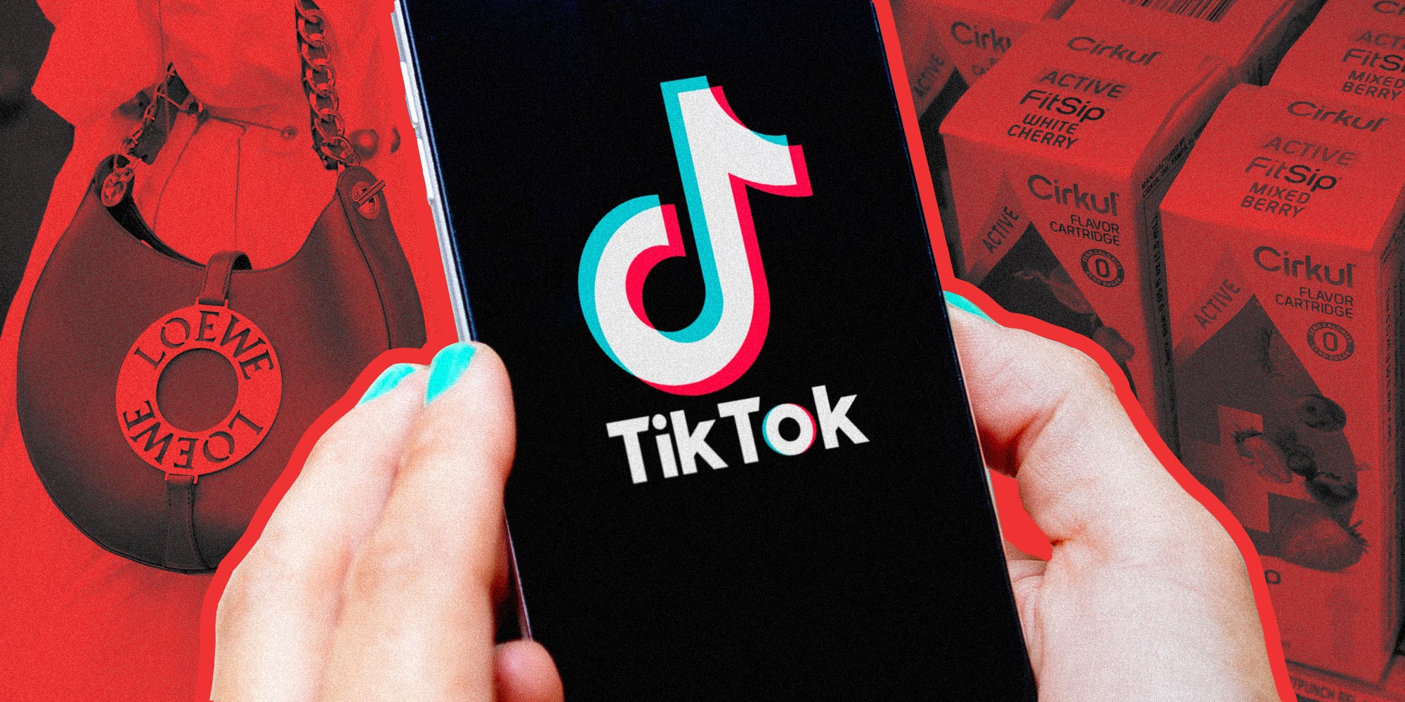 Hand holding phone with tiktok app on top of loewe bag and cirkul boxes