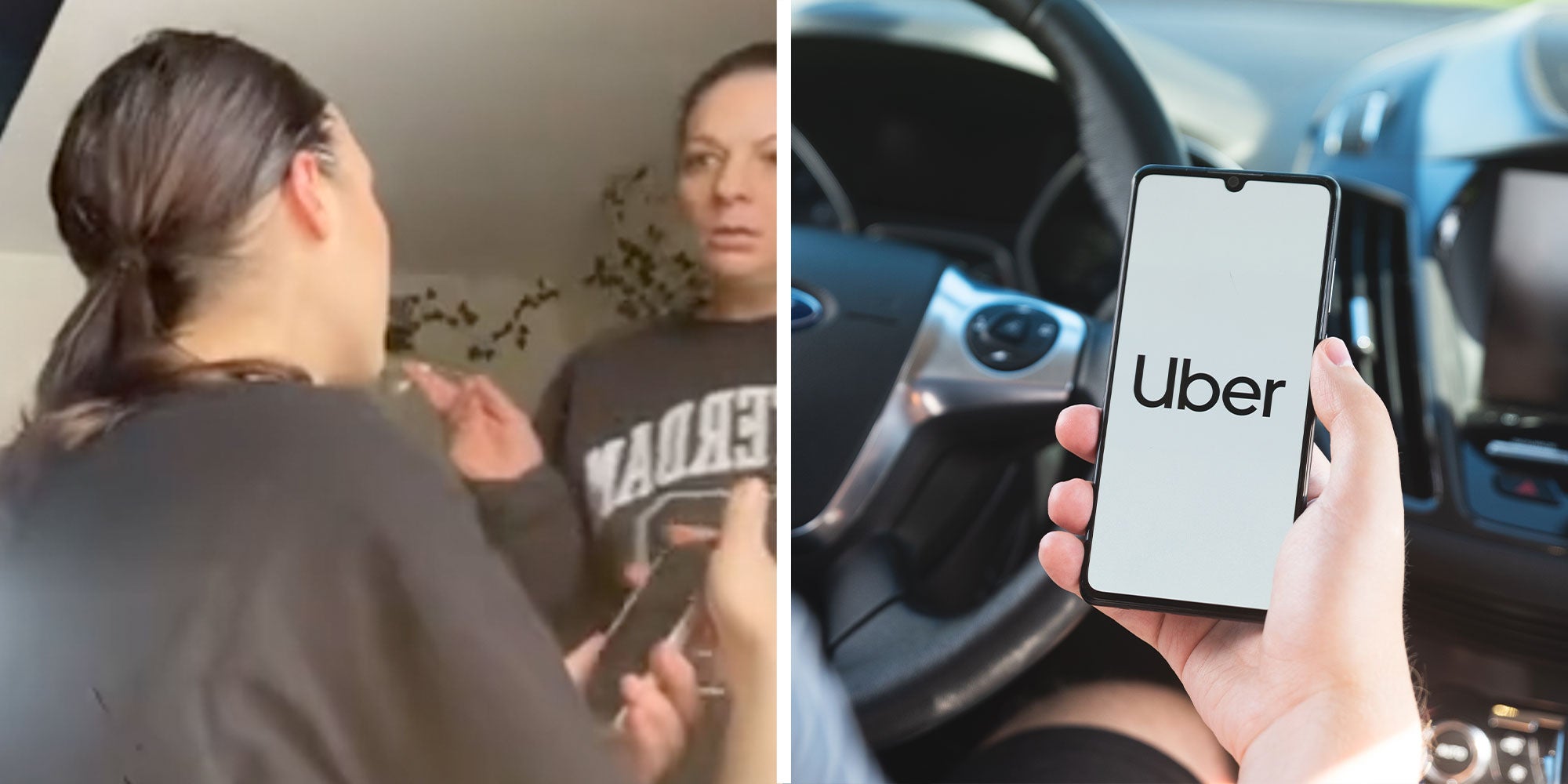 Two panel design with two women in the first image looking at each other while they appear to be listening to a cell phone, next to an image of a person holding a phone with the Uber logo on it