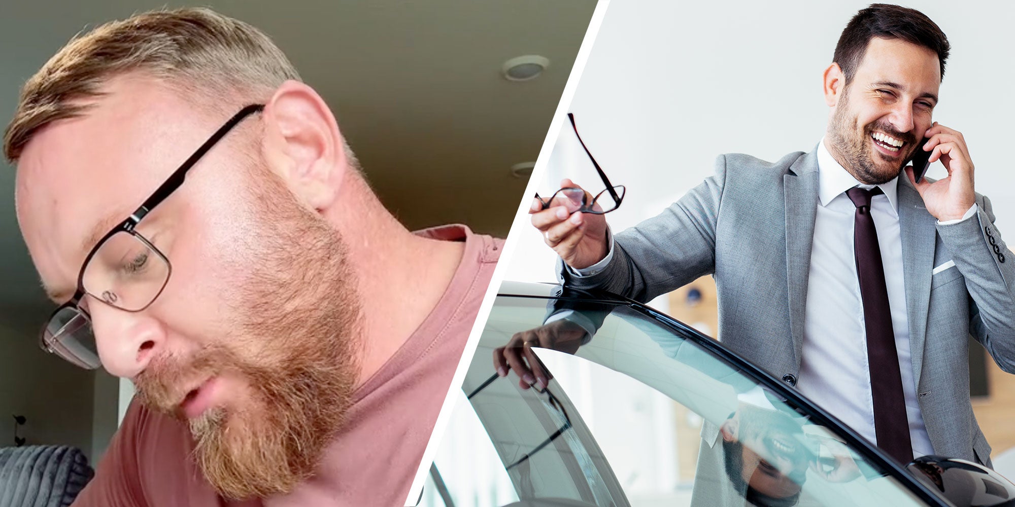 Two panel design with a person looking down in one, next to an image of a person on the phone who seems to be a cars salesmen