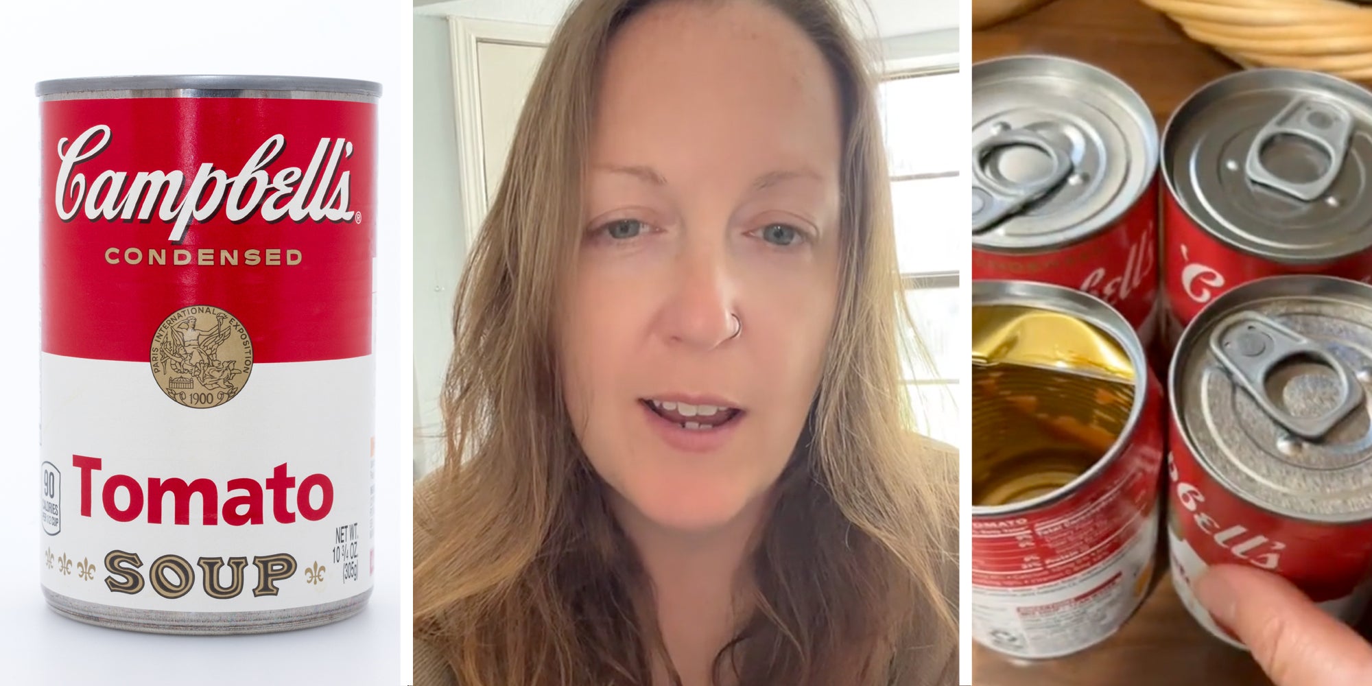 Tomato soup can(l), Woman talking(c), Four cans(r)