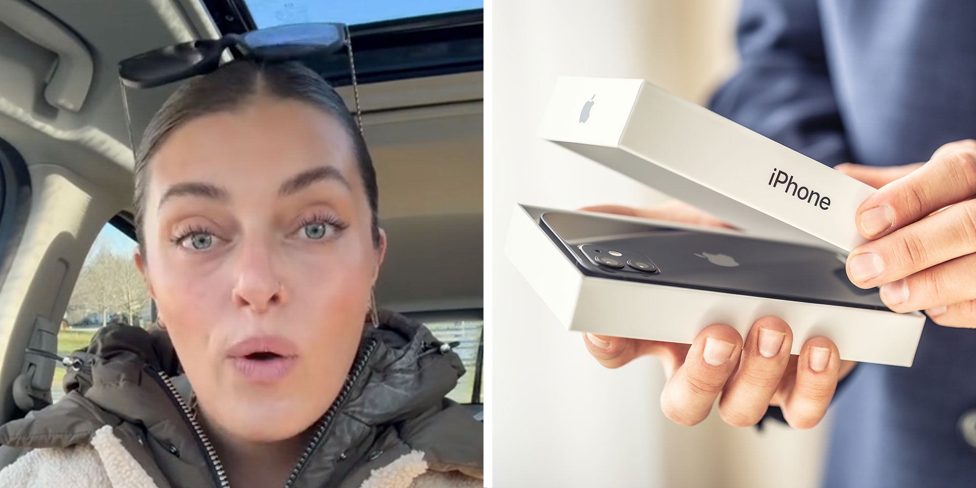 Two panel design with a woman looking shocked in one, next to an image of a person opening up a new Iphone