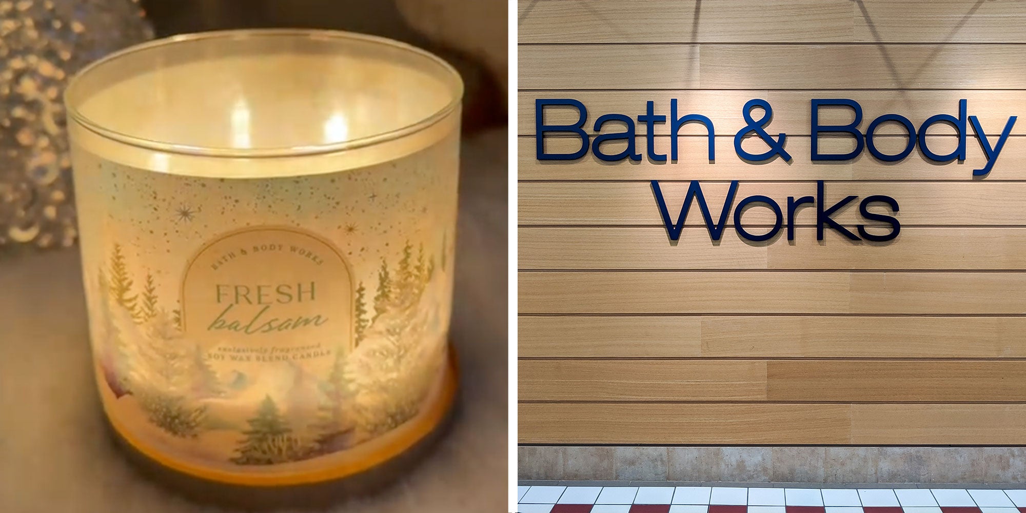 Two panel design with a candle burning in one, next to an image of a Bath and Body Works sign