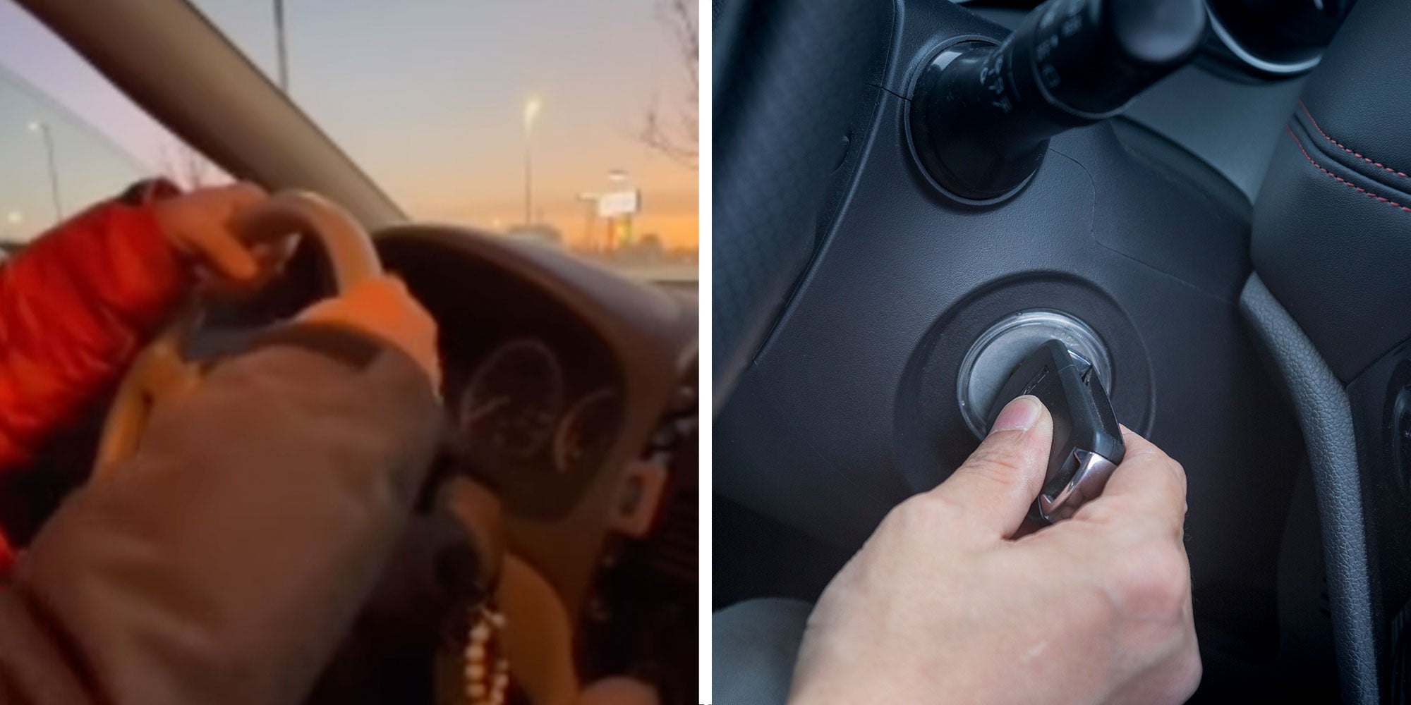 two panel design with a person showing a wheel stuck, next to an image of a person putting a key in the ignition