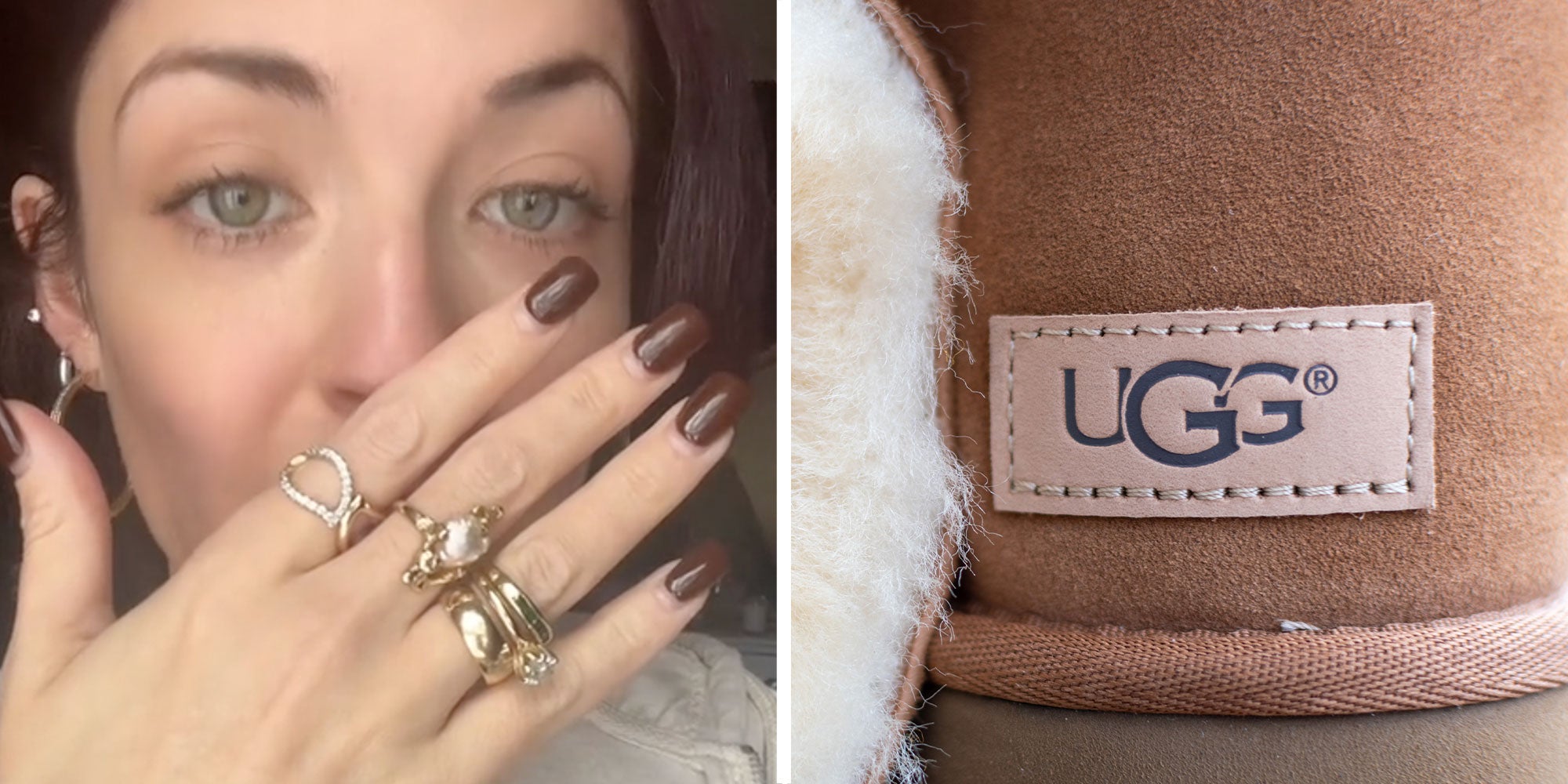 two panel design with a woman looking at the camera in one, she is covering her mouth with her hand, next to an image of Ugg boots.