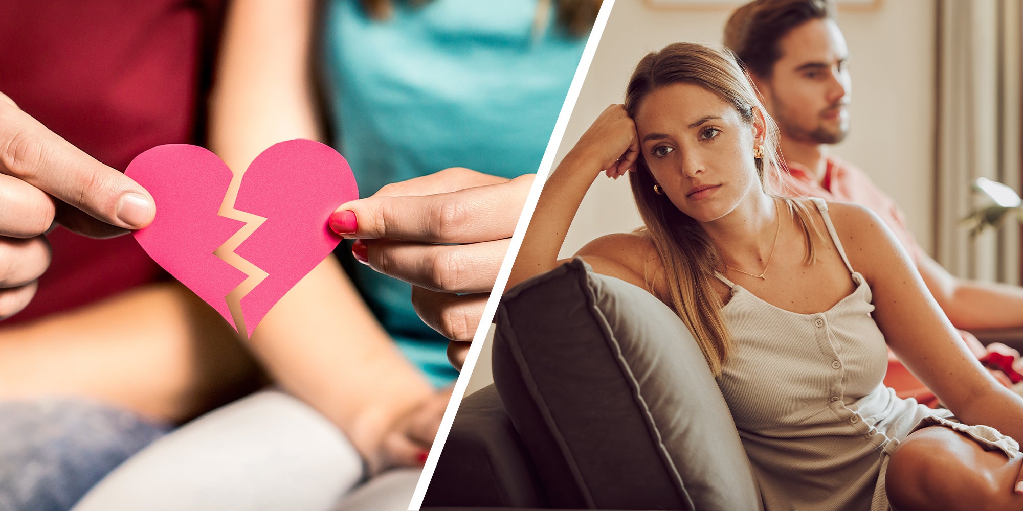 Couple splitting a paper heart to demonstrate Heart Break(l) Woman looking disappointed(r)