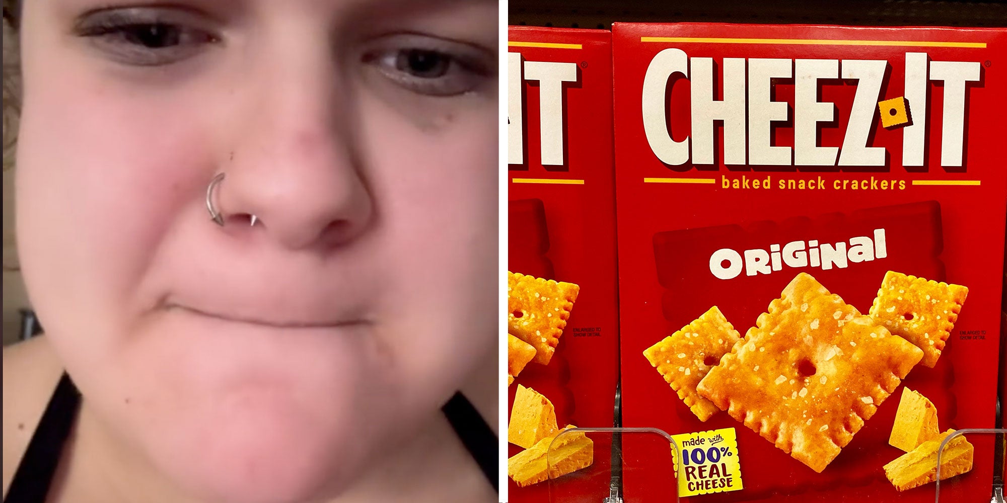 Two panel design with a person pressing her lips together in discuss in one, next to an image of a box of cheez-its
