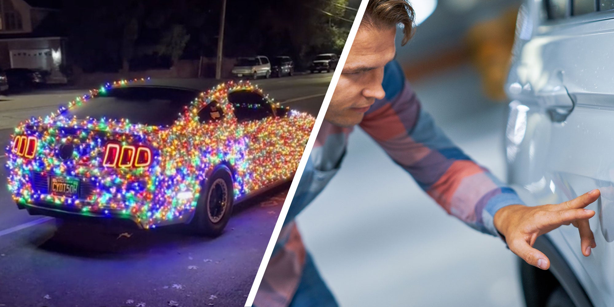 Two panel design with a car covered in lights in one, next to an image of a person inspecting their car for scratches