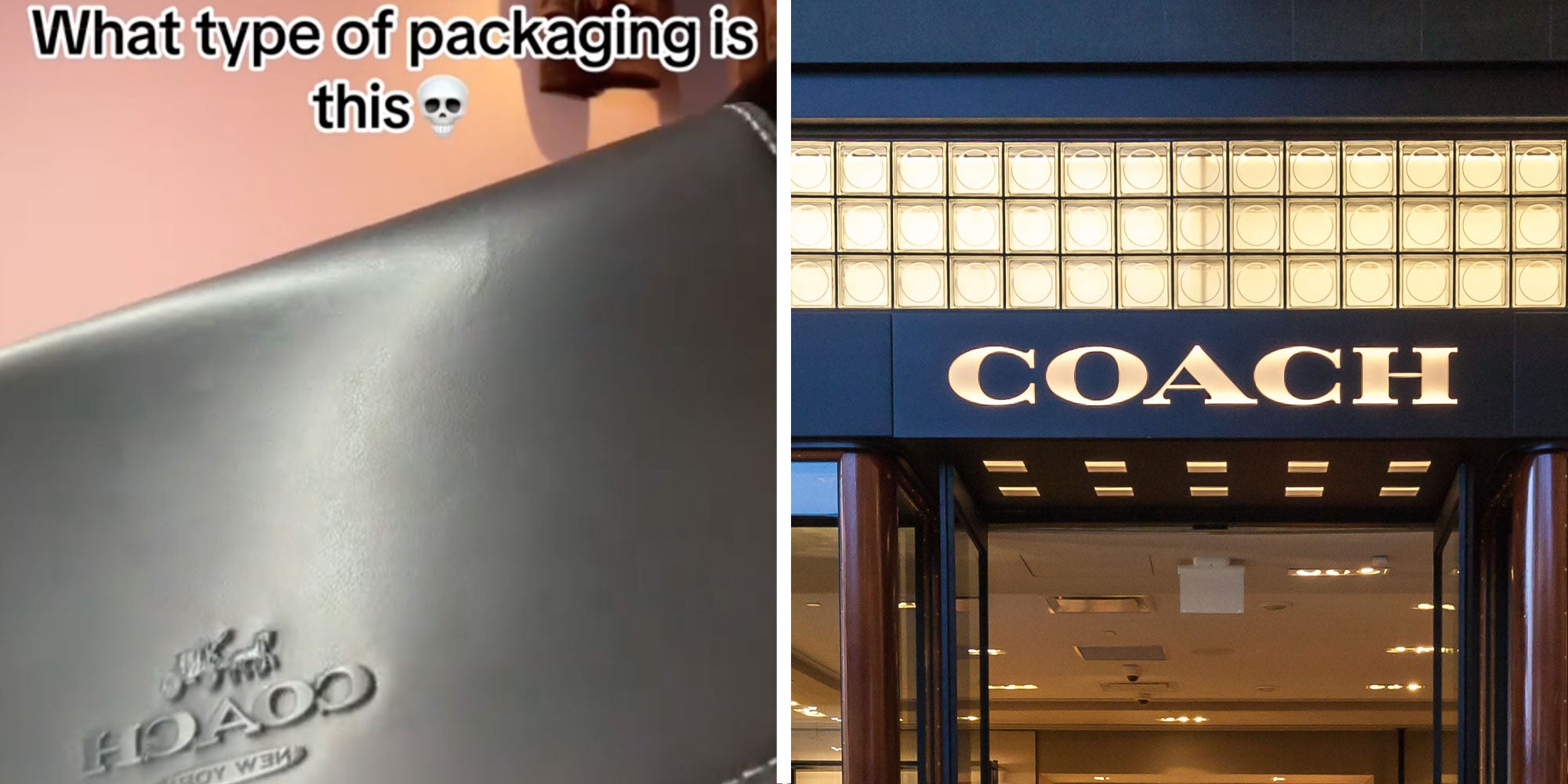 Two panel design with a person holding up a coach bag with text reading 'what type of packaging is this', next to an image of a Coach store