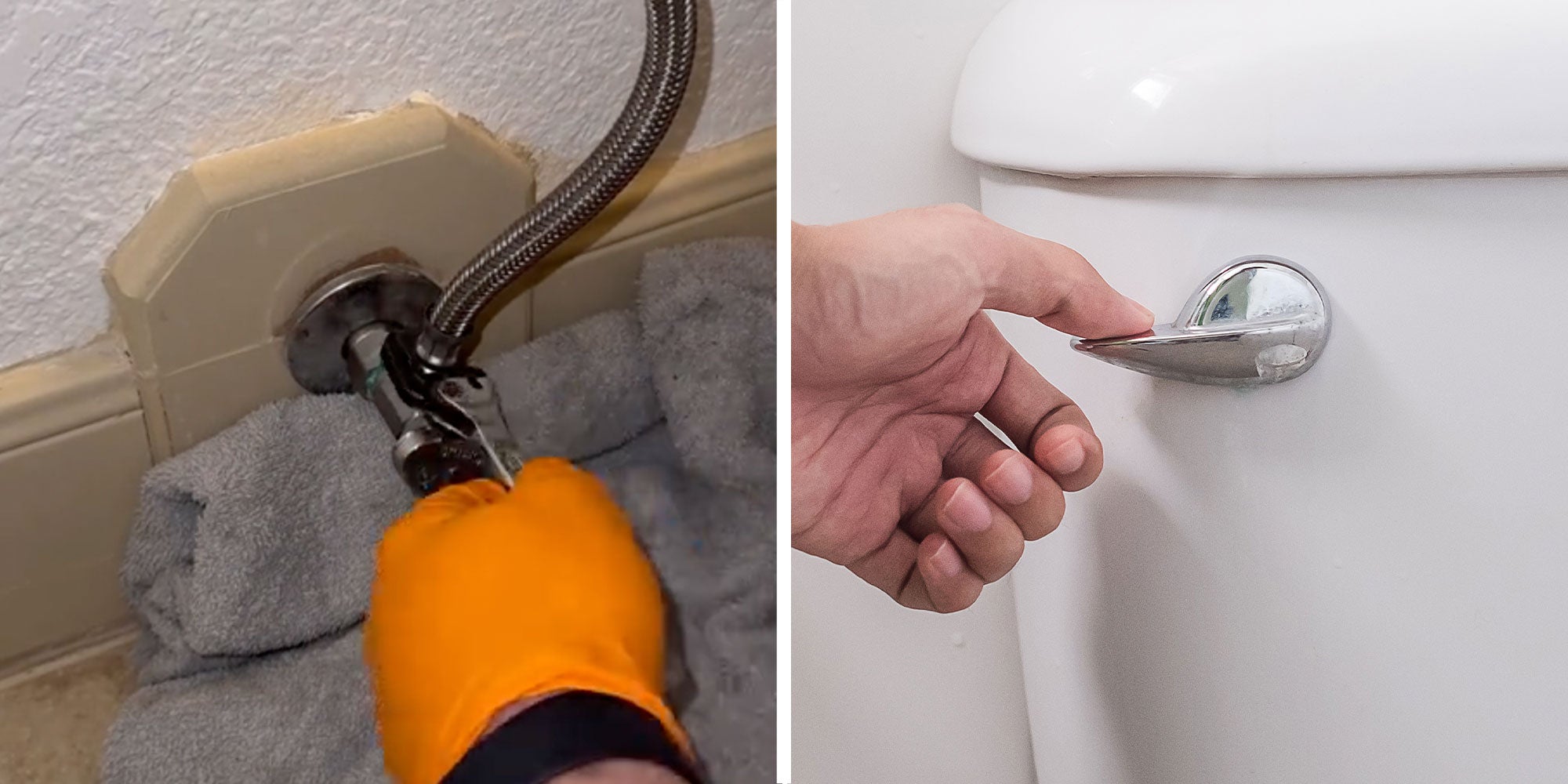 two panel design with a person wearing gloves working on the pipes for a toilet, next to an image of a person flushing a toilet.