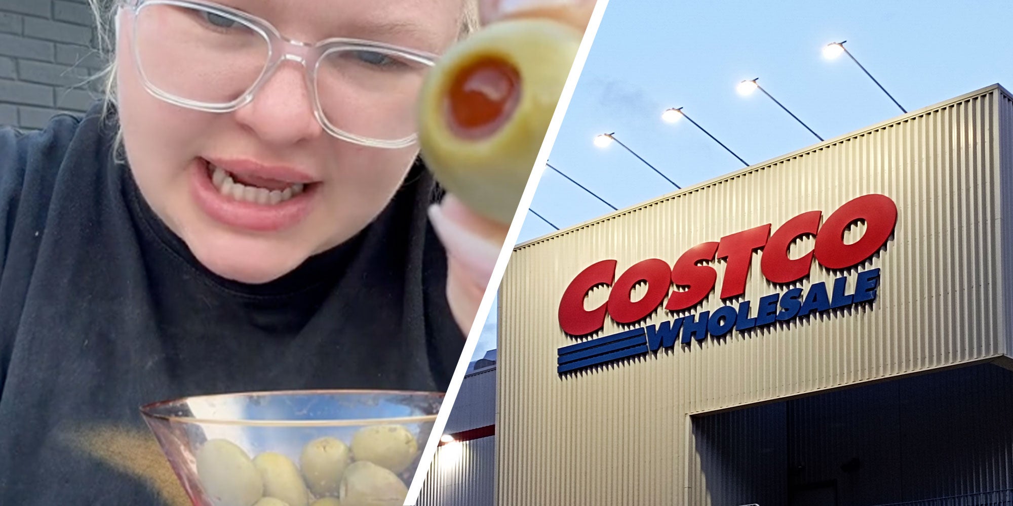 Two panel design with a woman holding up an olive to the camera in one, next to an image of a Costco from the outside.