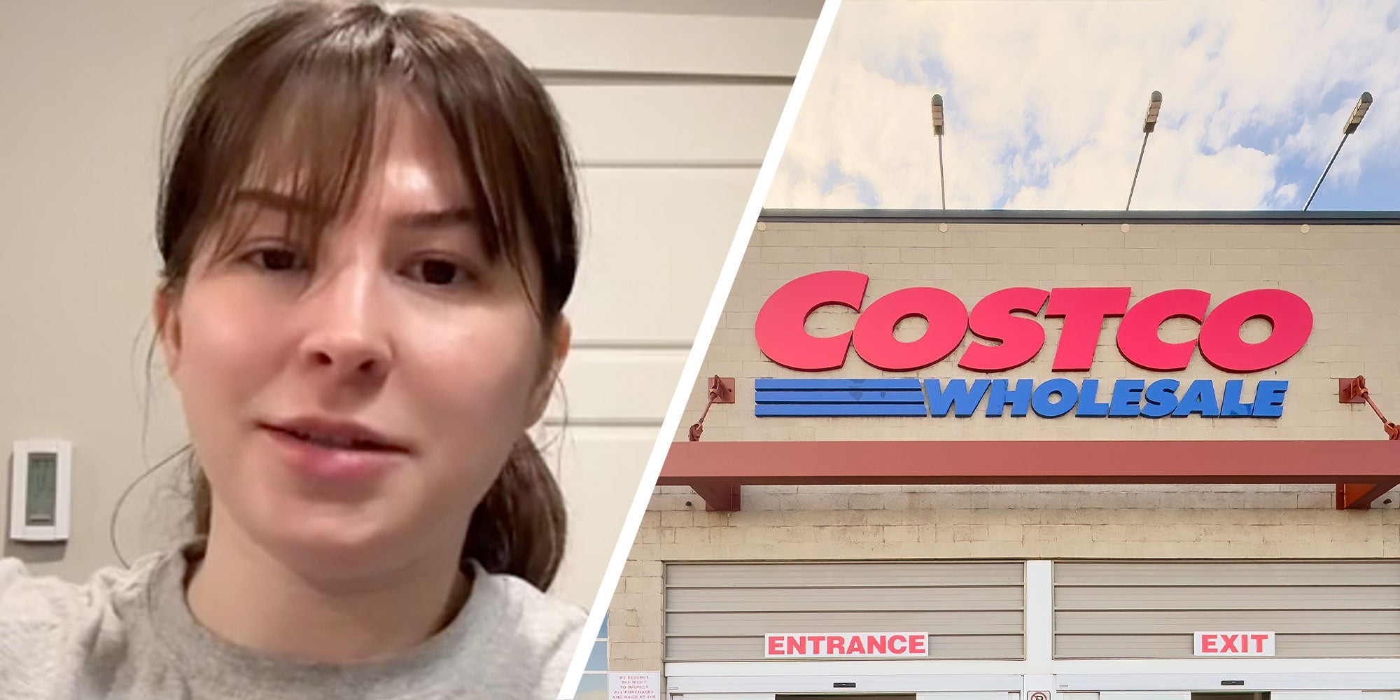 Two panel design with a woman looking at the camera next to an image of a Costco.